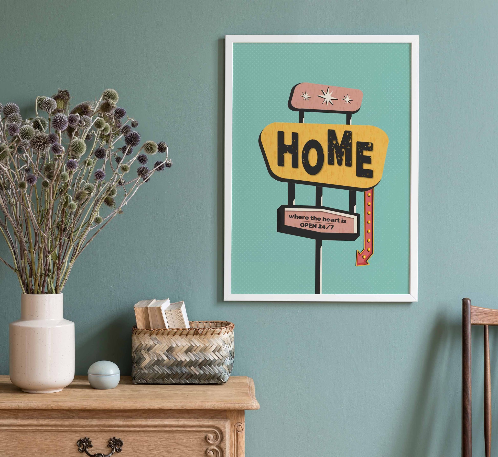 Family home sign print in a mid century modern style