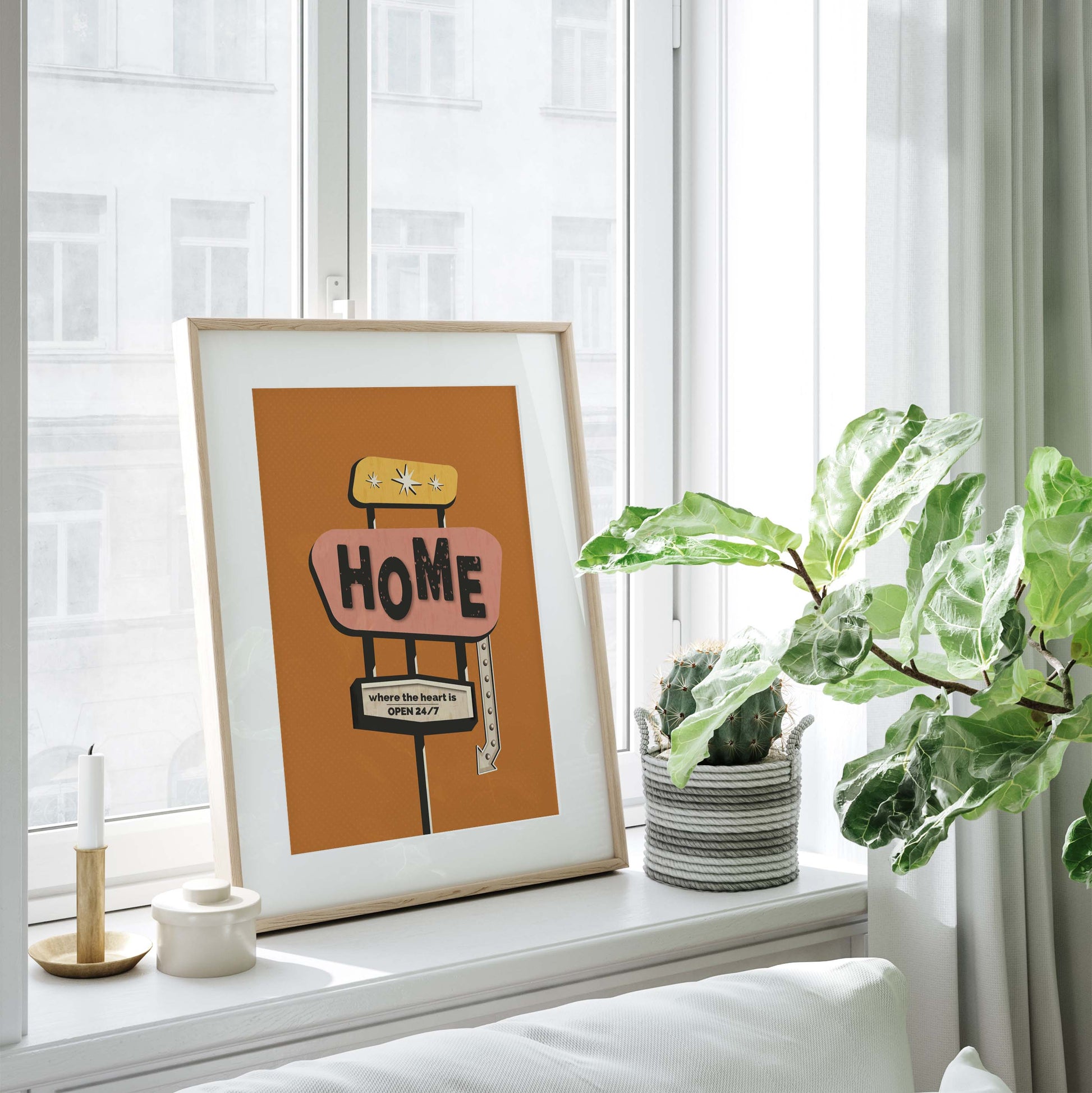 Wall art print in a mid century modern style in orange
