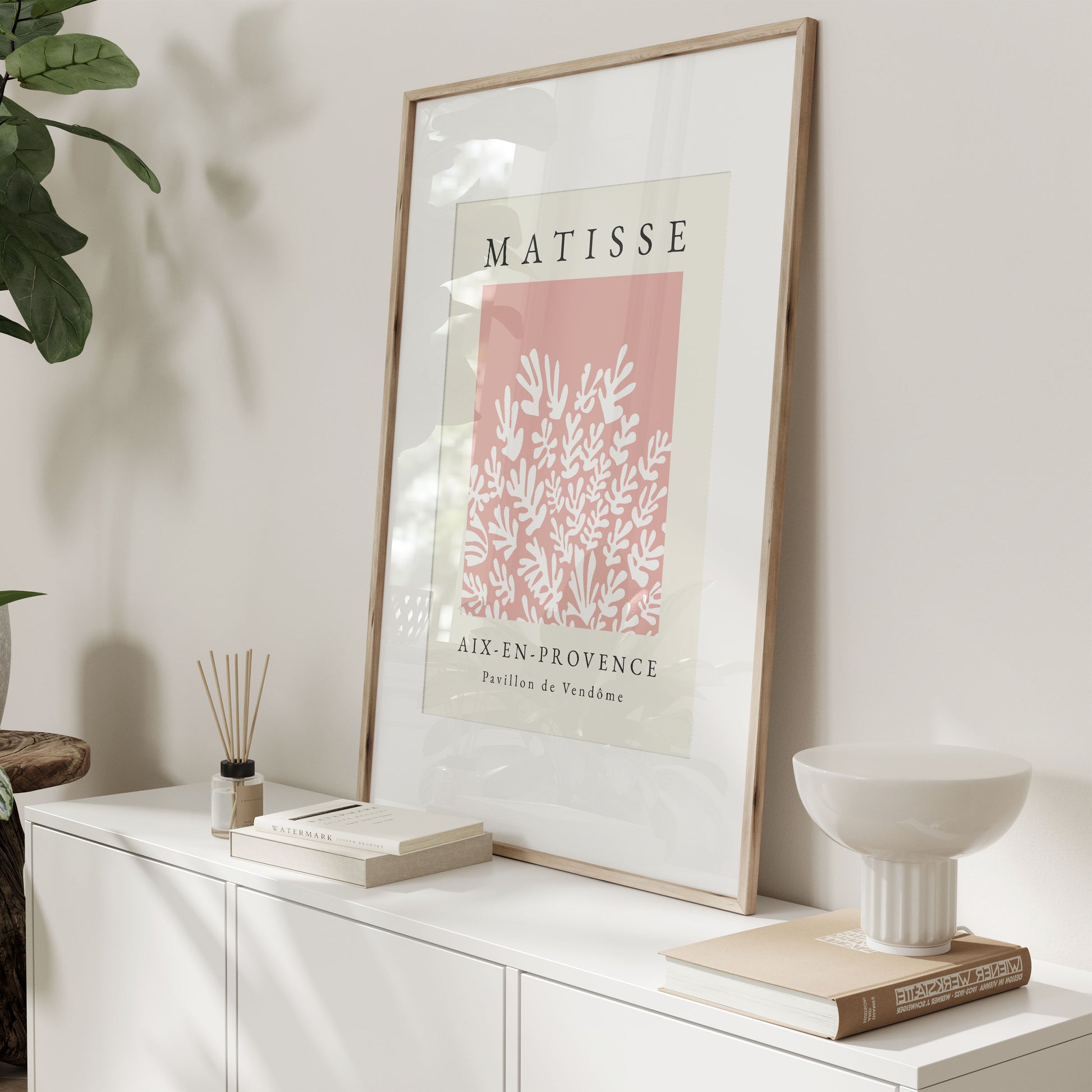 Matisse wall art print, leaf design in pink
