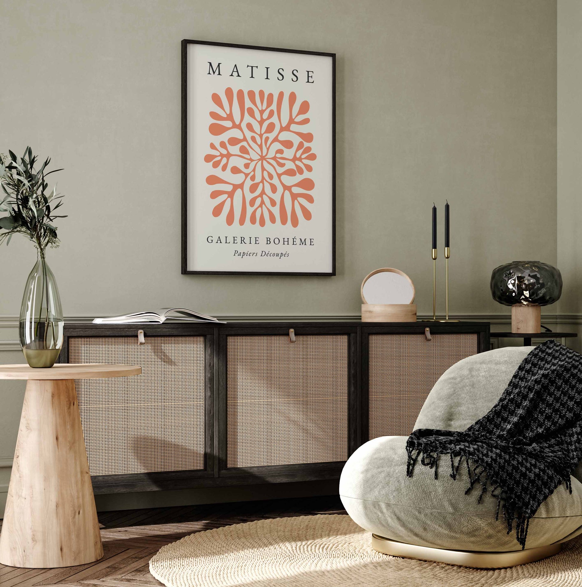Matisse wall art print in orange with leaf design