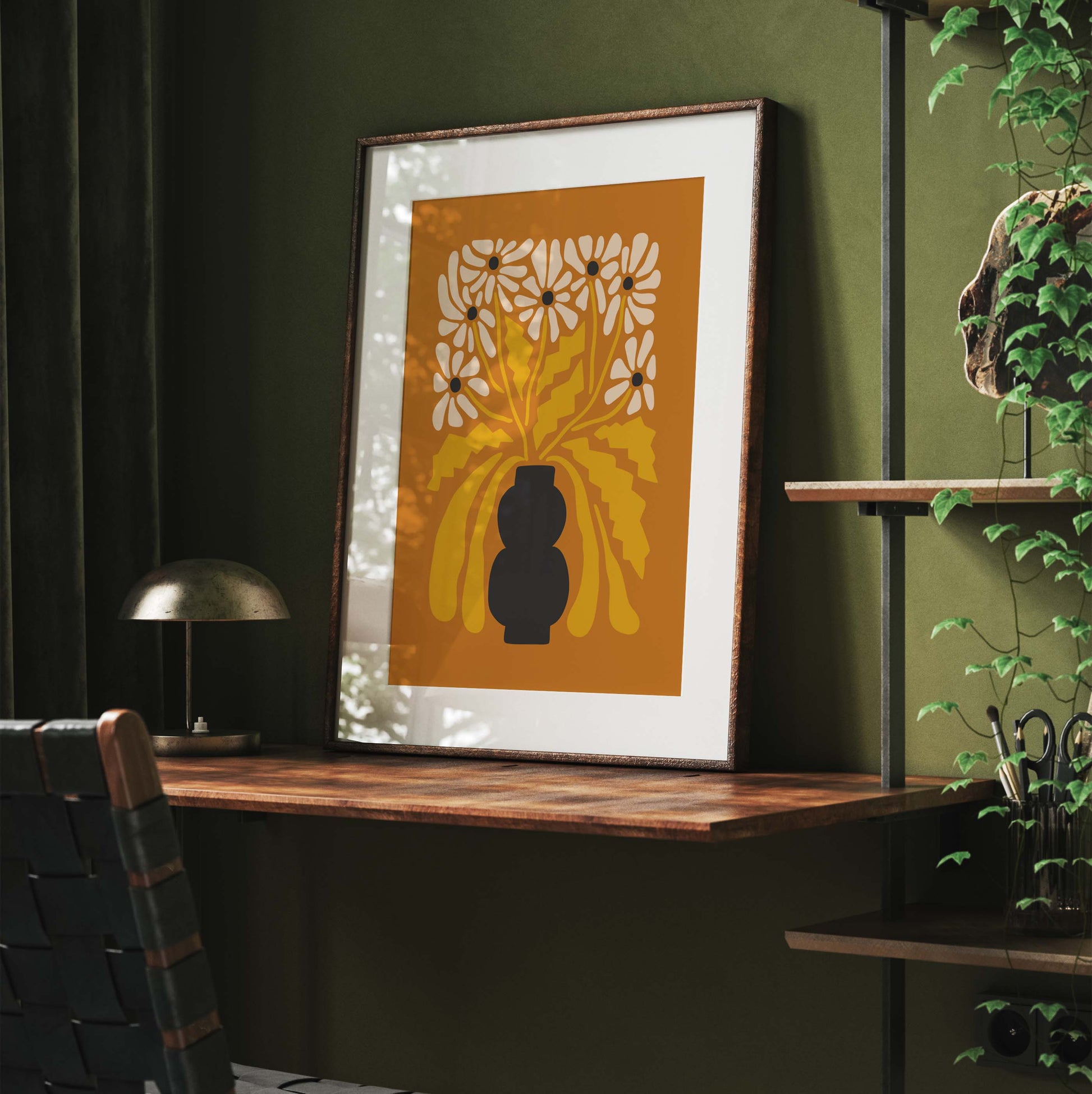 Orange mid century modern style poster with flower design