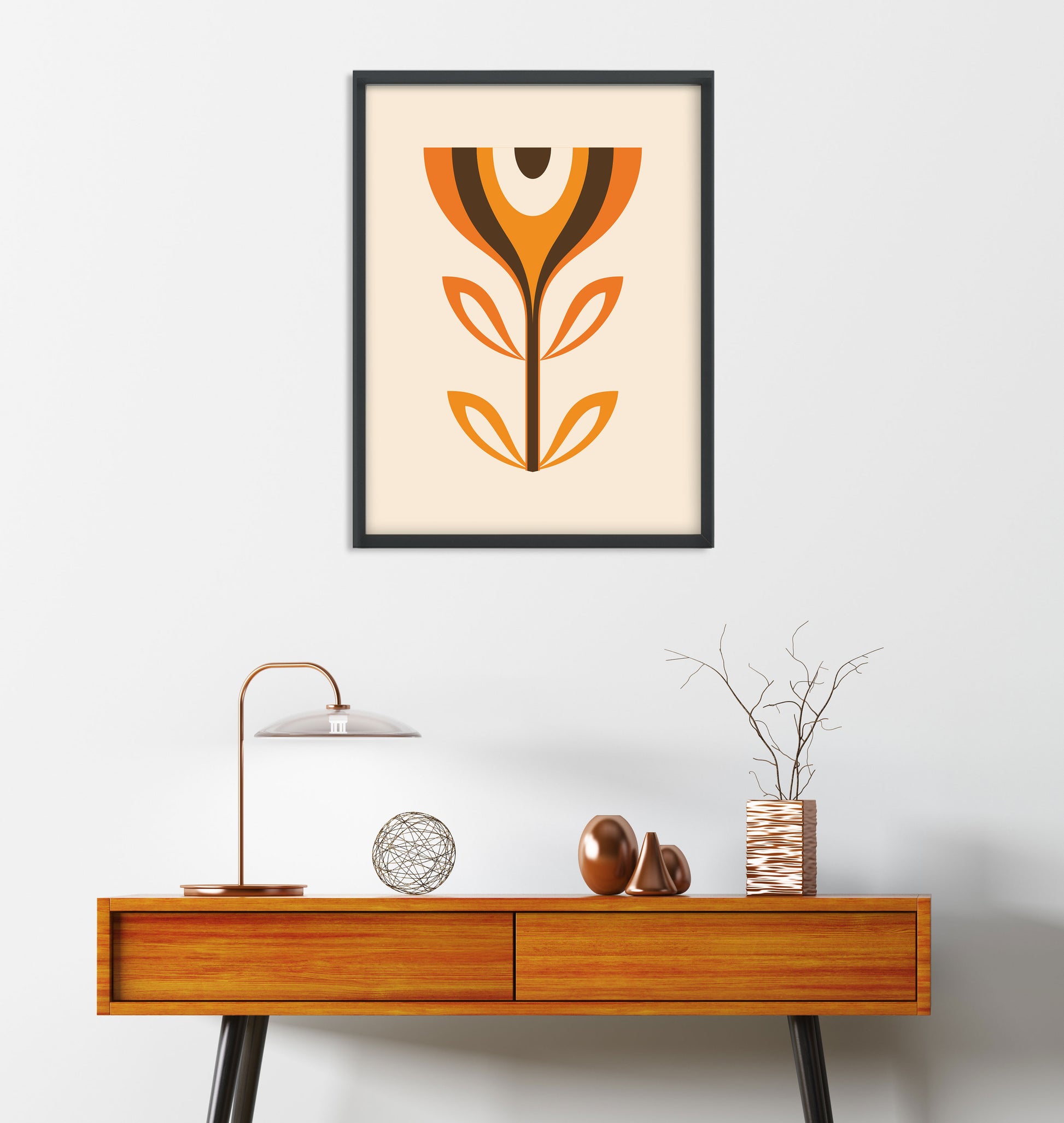Orange Mid Century Modern Flower Wall Art Print