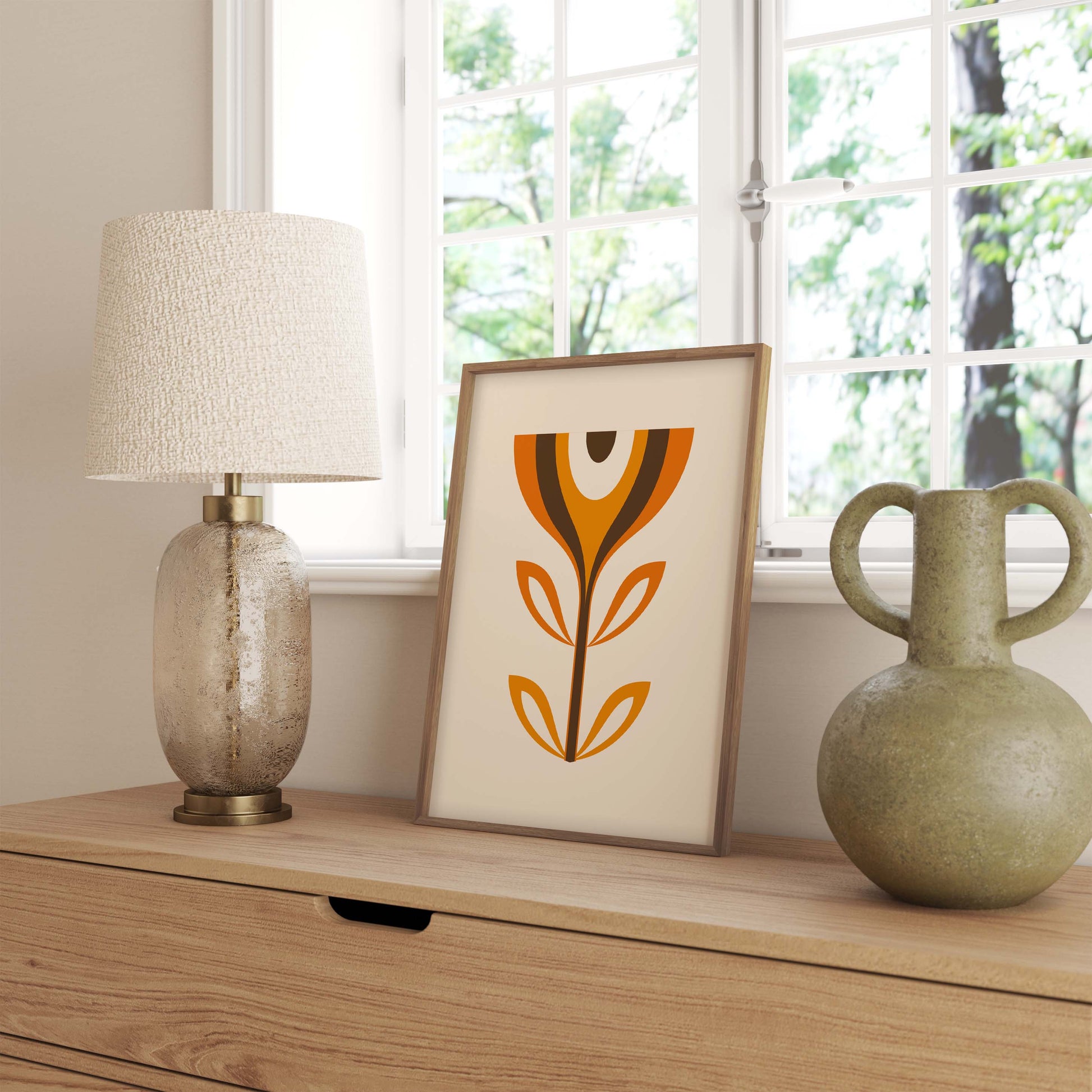 Mid Century Modern Flower Print in Orange and Brown