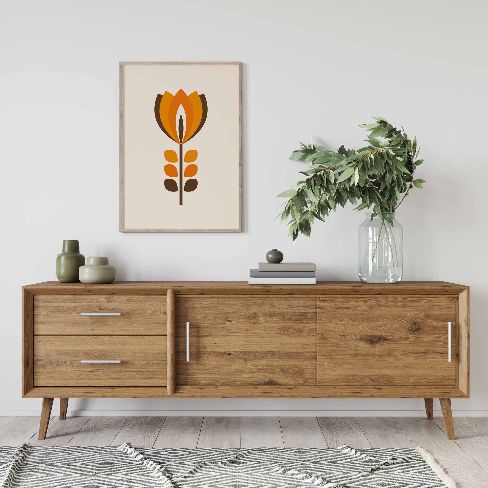Mid Century Modern Flower Poster in Orange and Brown