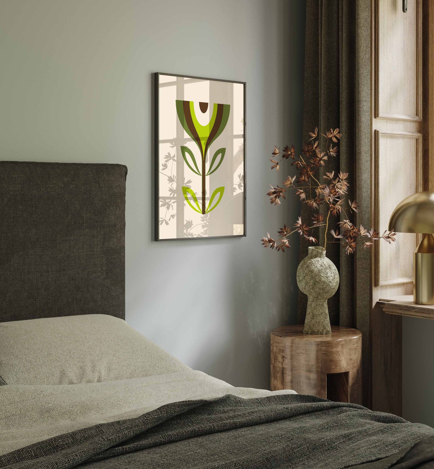 Mid century modern flower wall art print in green