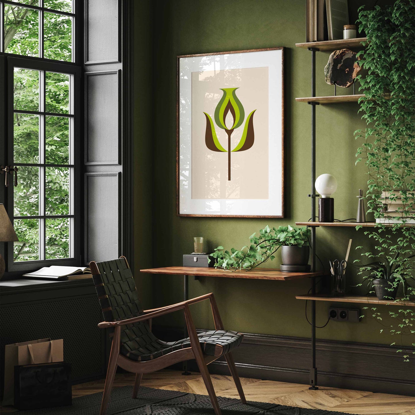 Green flower wall art print in a mid century modern style