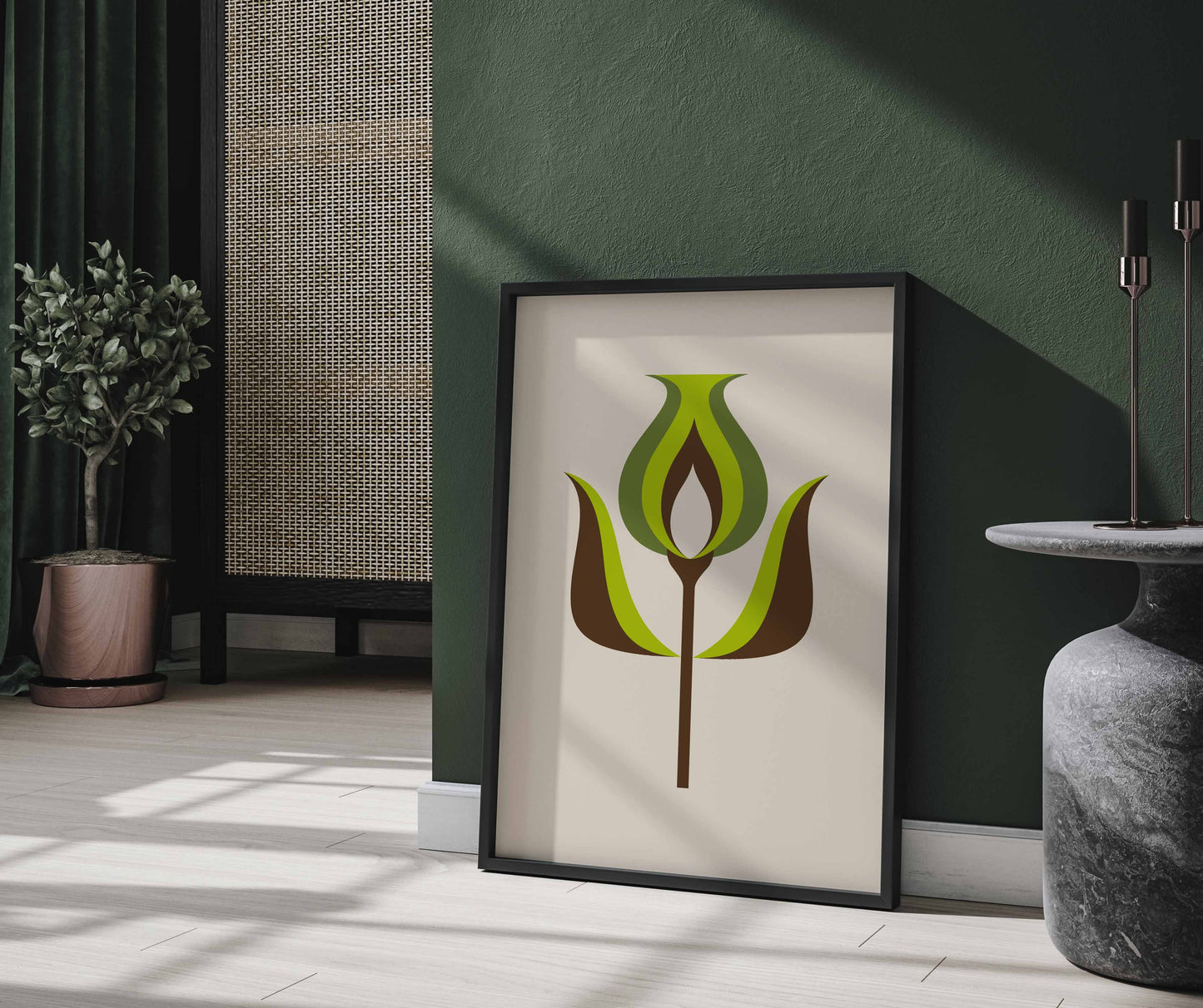 Mid century modern flower print in green