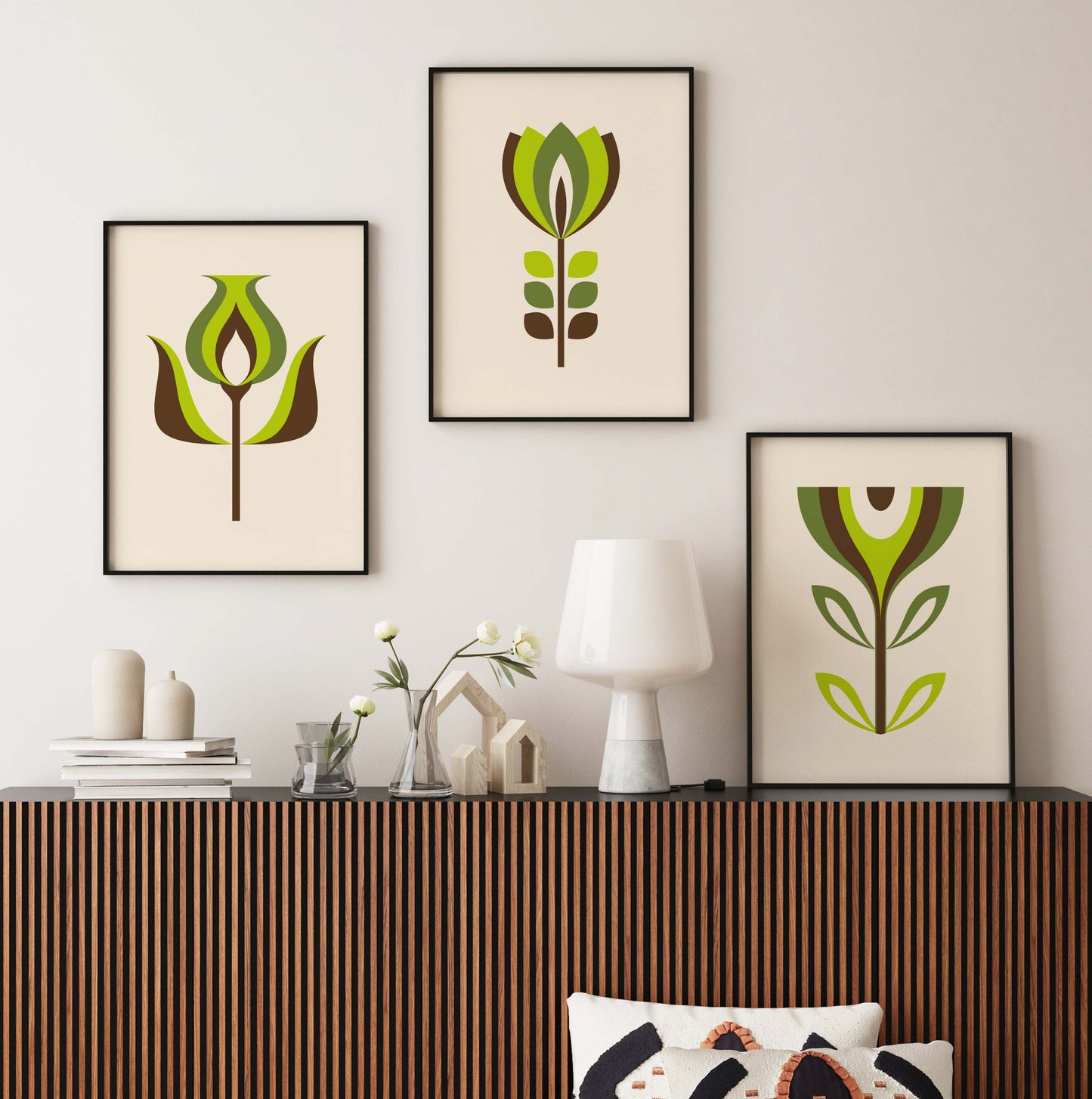 Set of 3 retro flower prints in green
