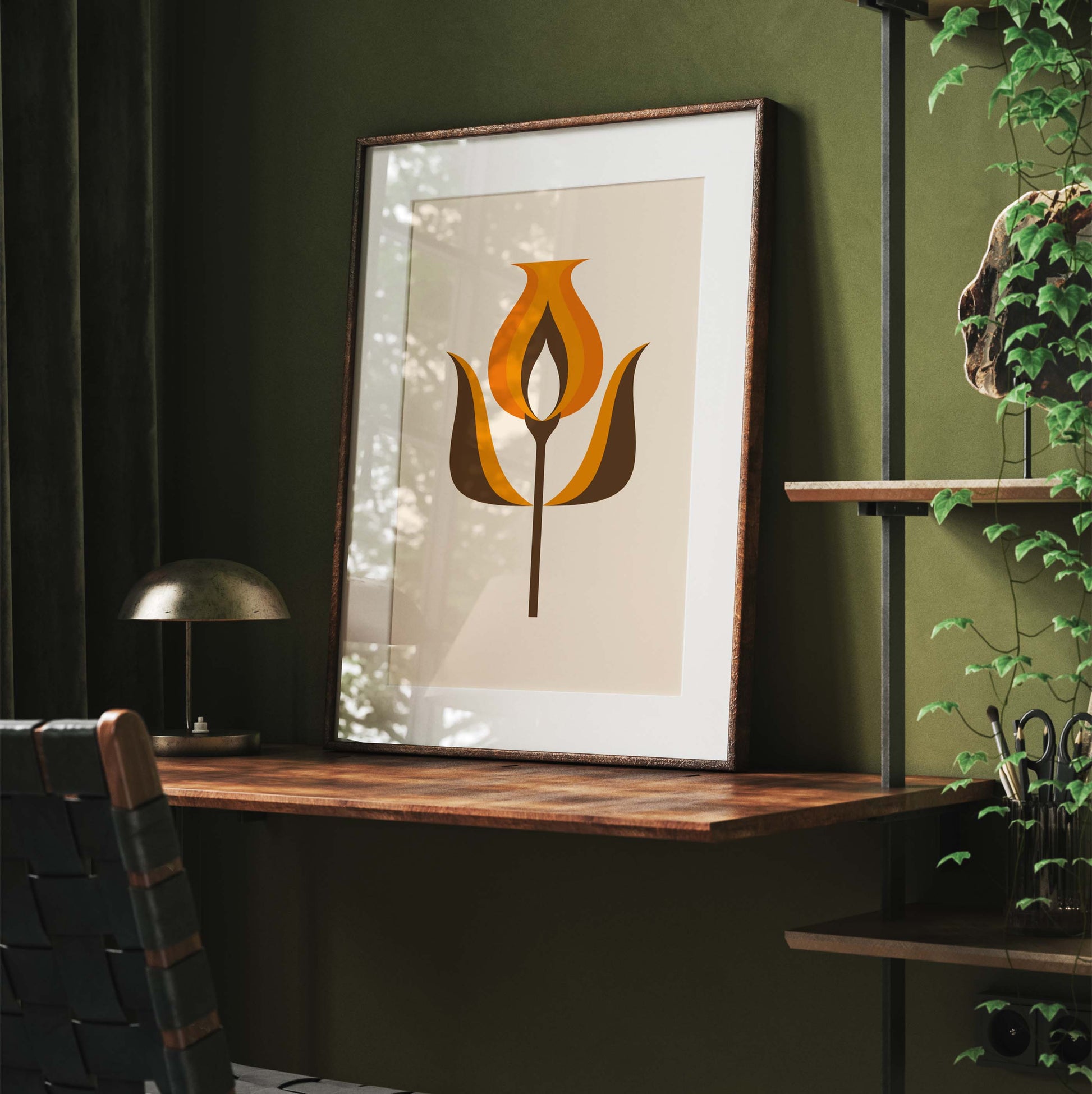 Orange and brown flower wall art print in a mid century modern style