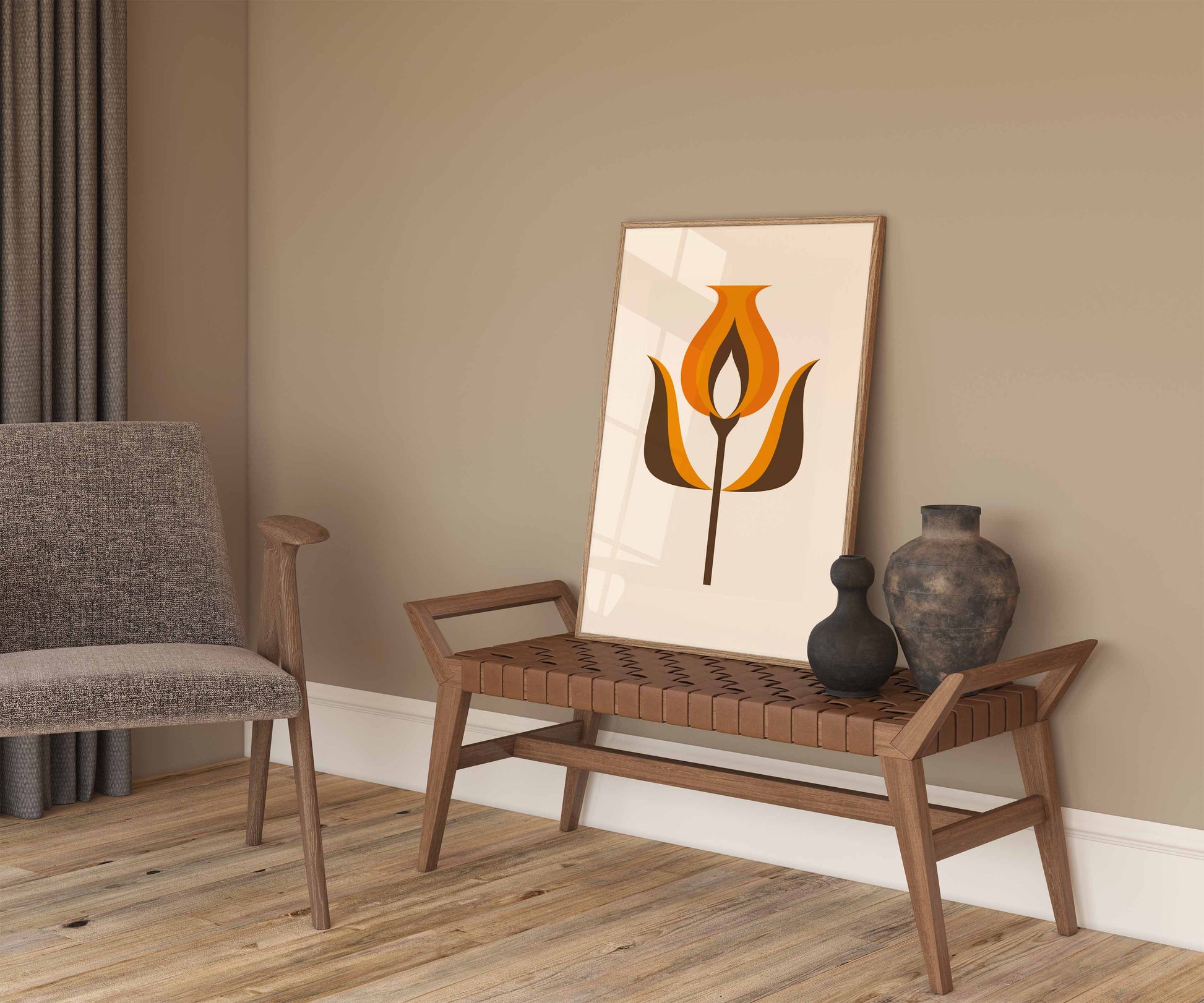 Flower print in orange and brown in a mid century modern style