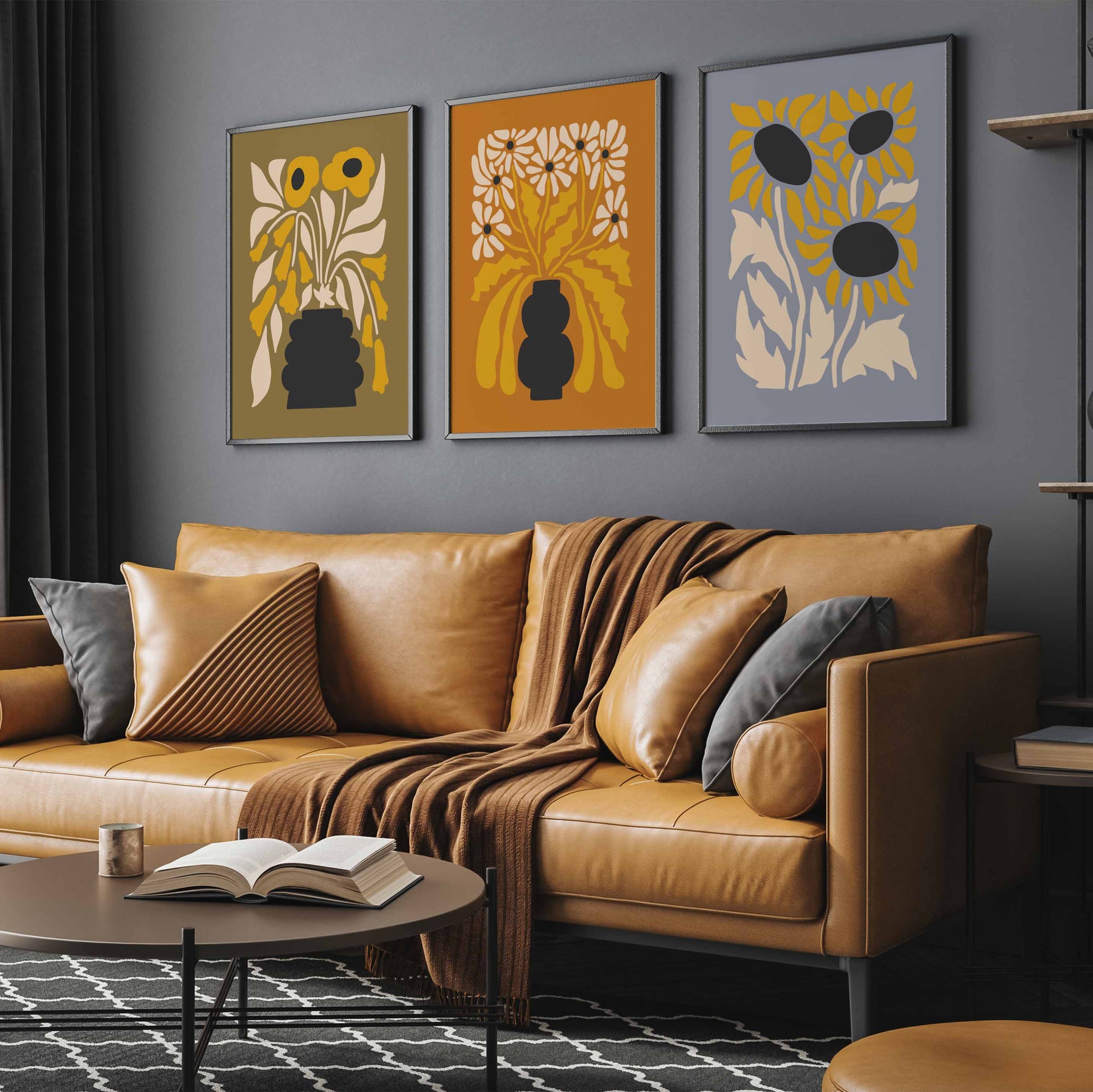 Mid century modern flower prints in a set of 3