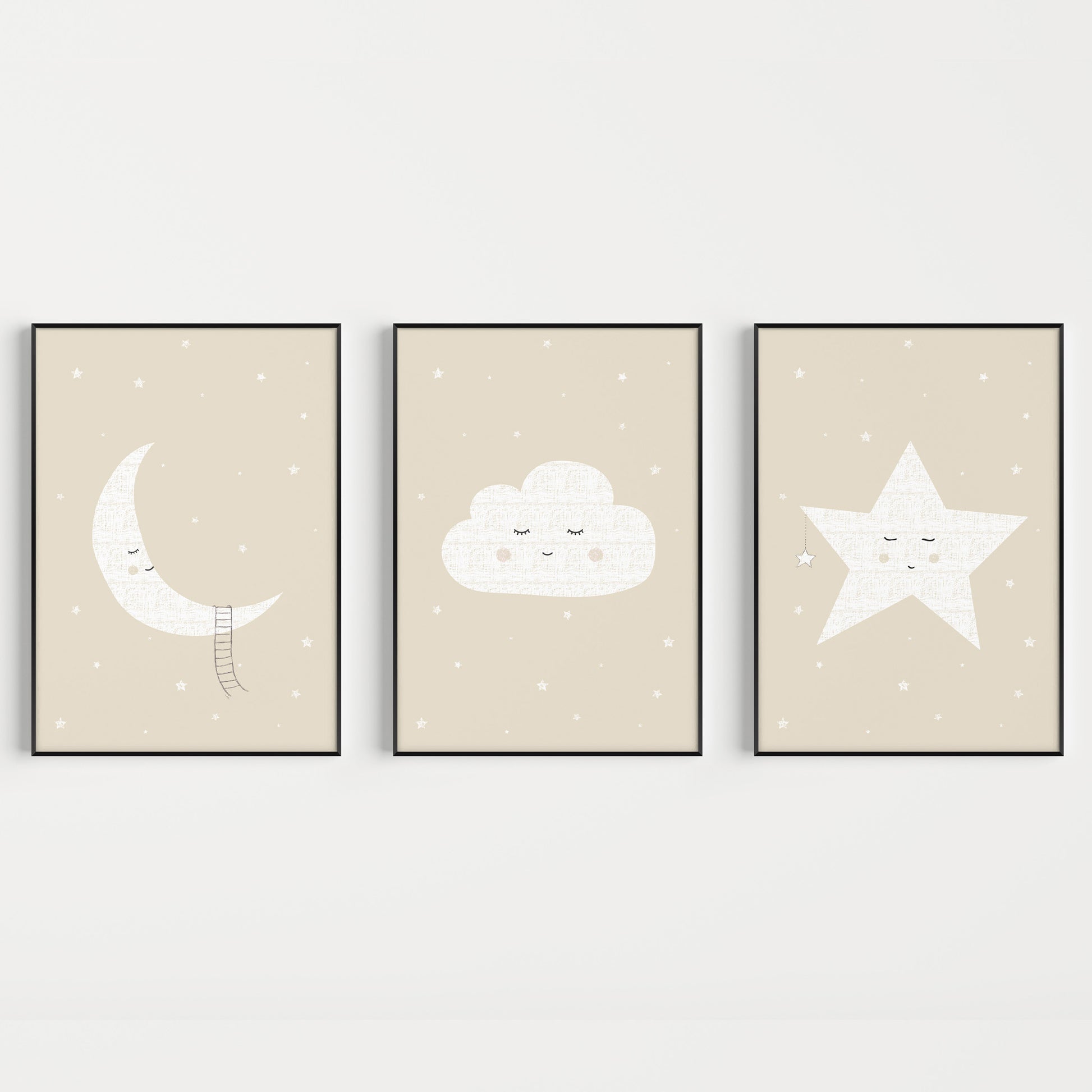 Neutral Nursery Prints Set, Moon, Cloud and Star
