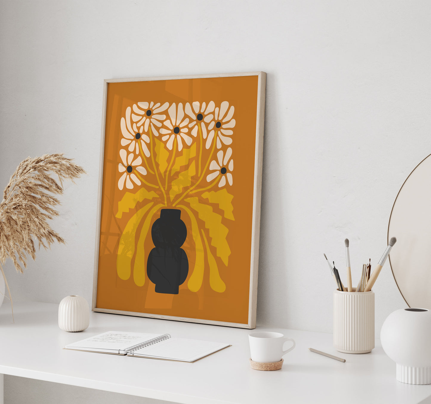 Mid Century Modern flower wall art print in orange