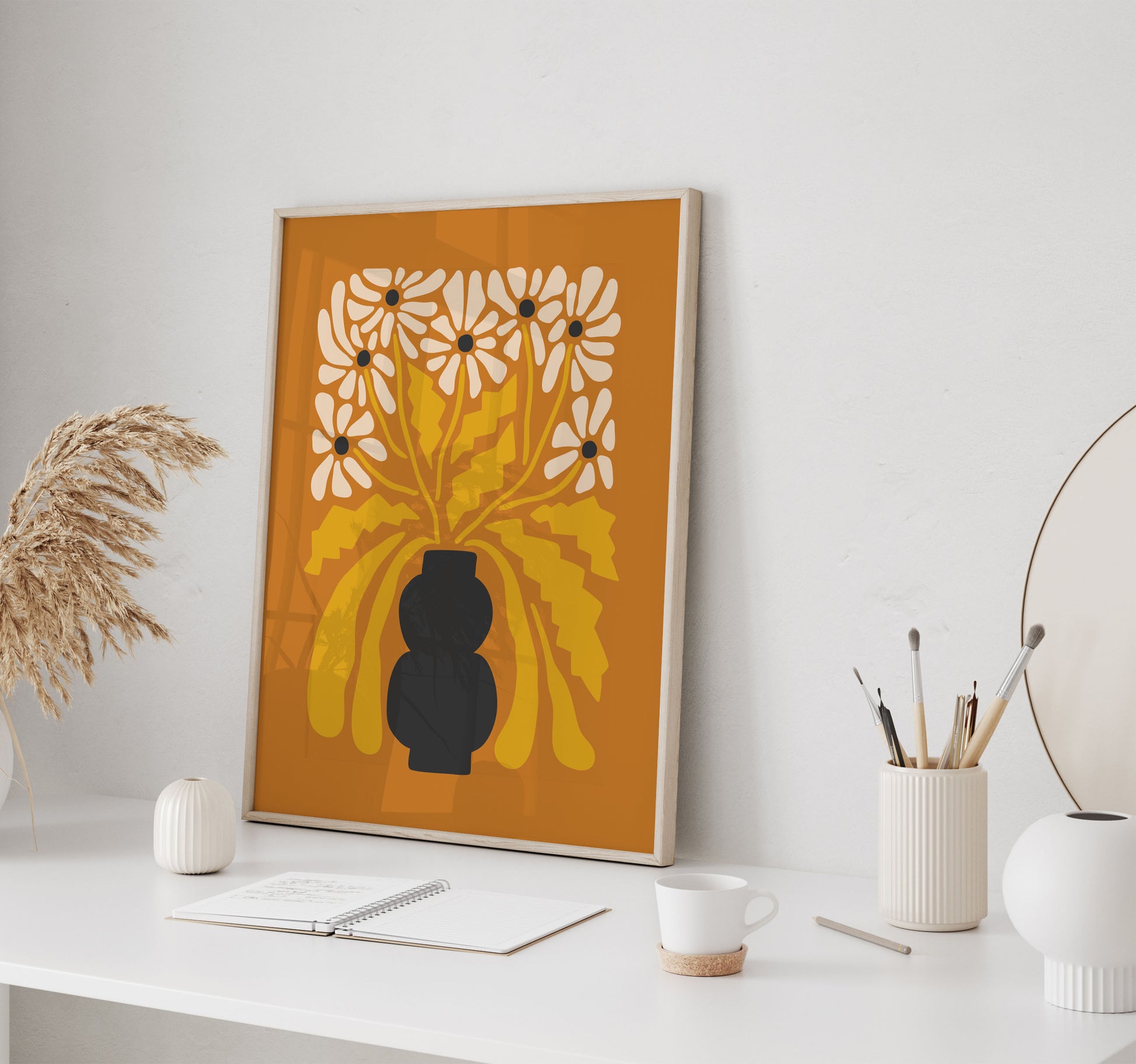 Mid Century Modern flower wall art print in orange