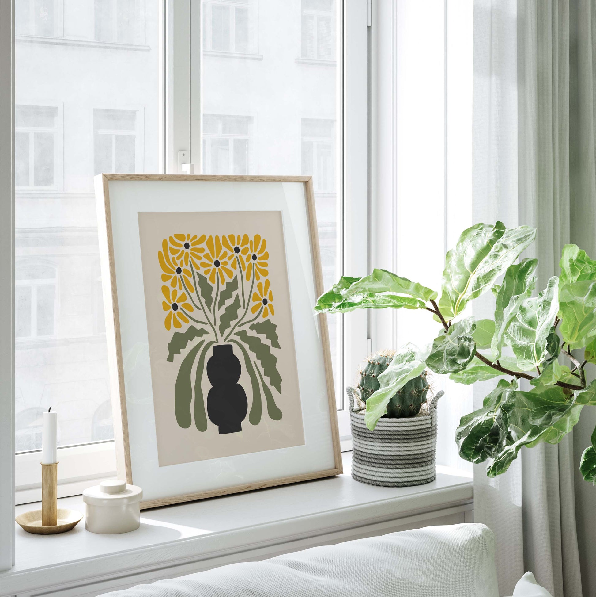 Green and yellow flower wall art print