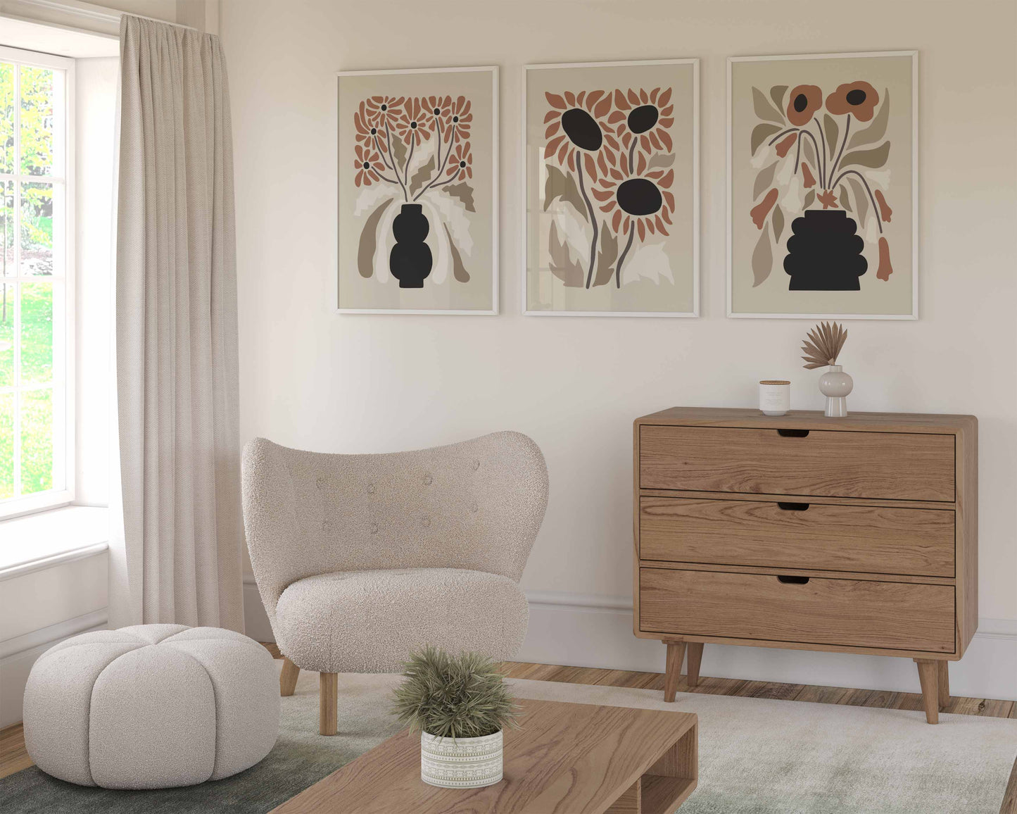 Set of 3 minimalist flower prints in neutral colours