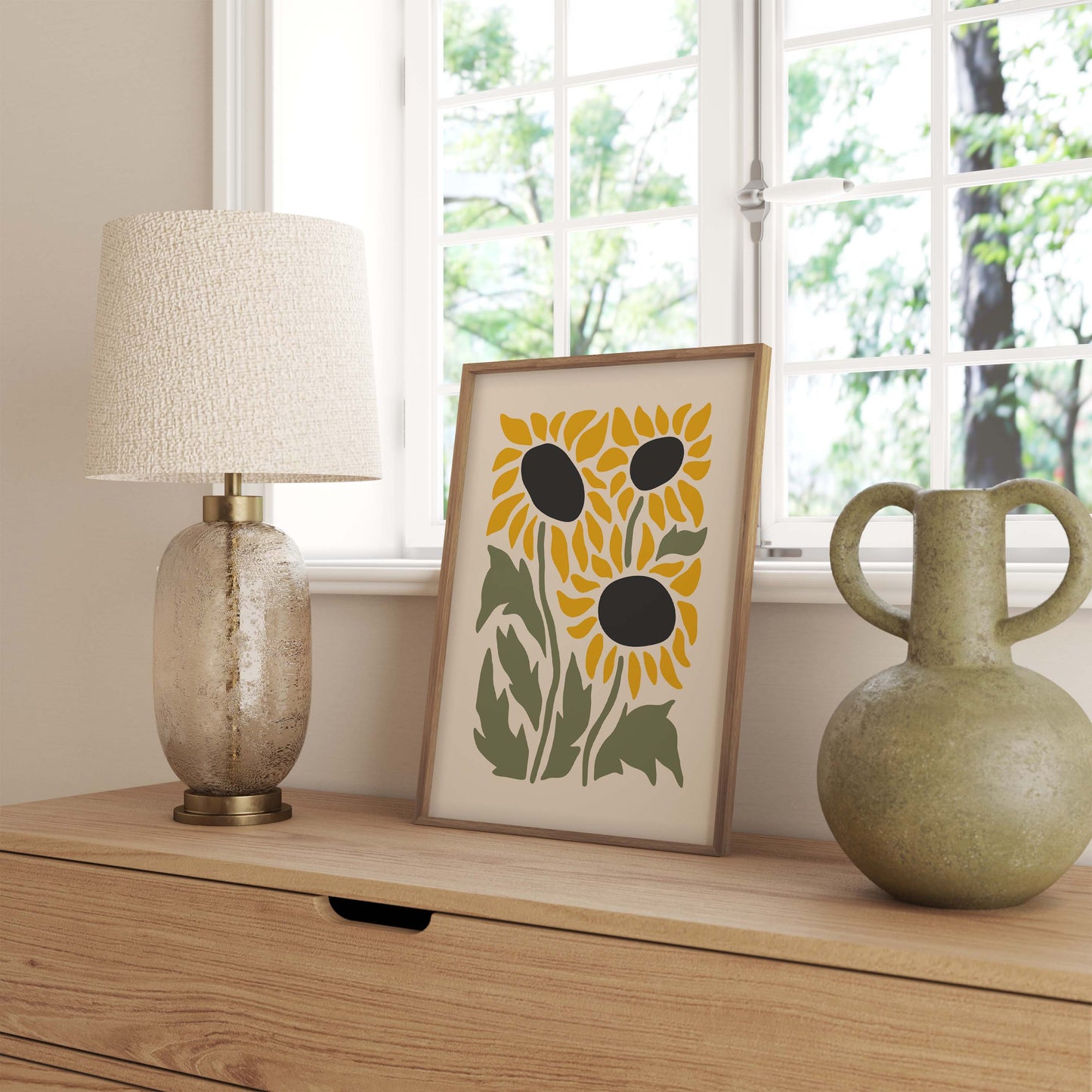 Yellow and green sunflower wall art print in a minimalist style