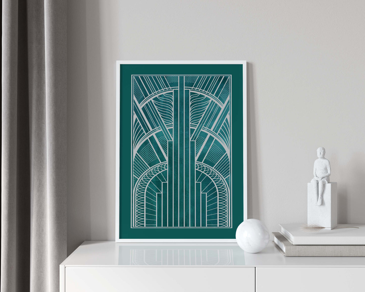 Art deco print in teal and silver
