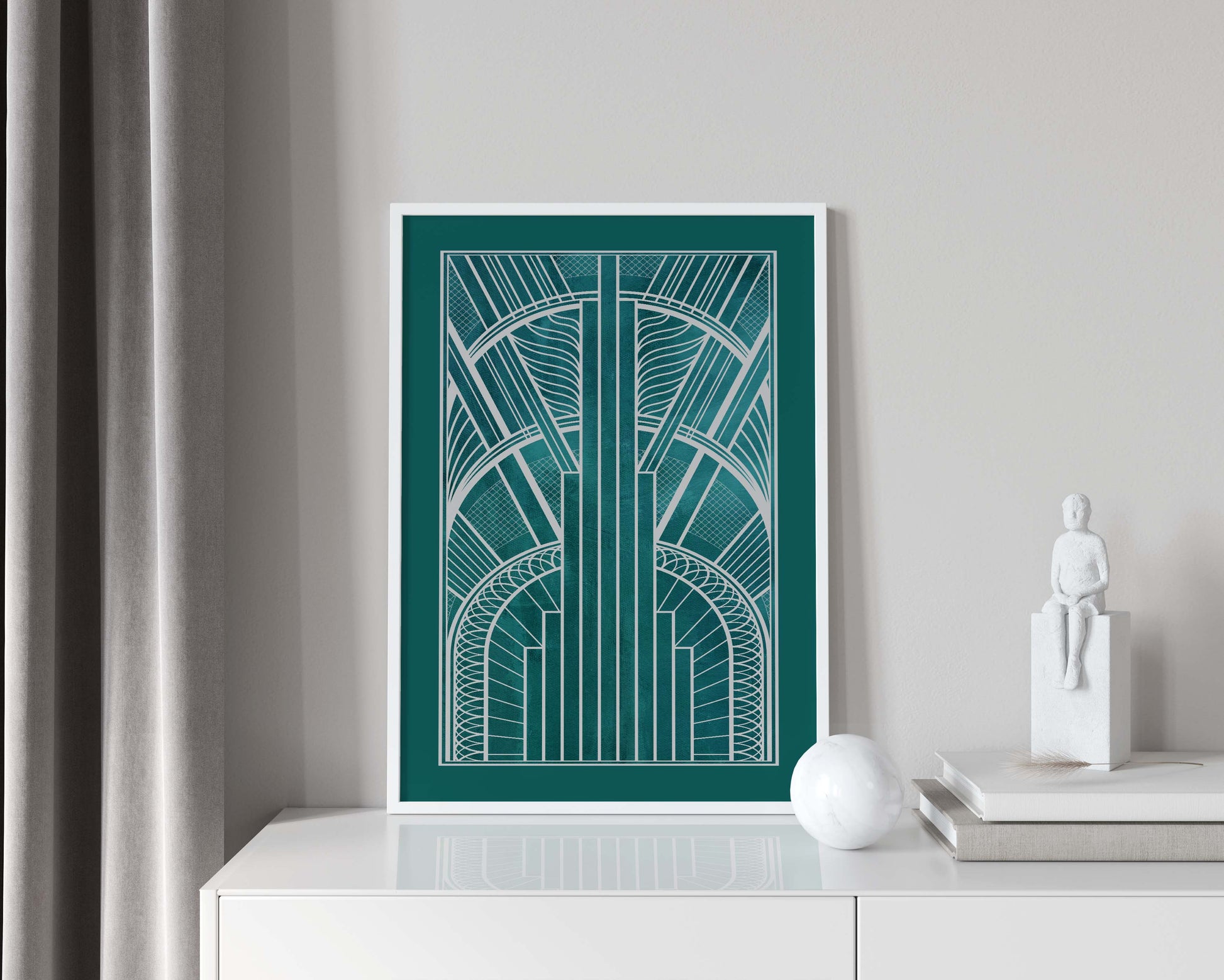 Art deco print in teal and silver