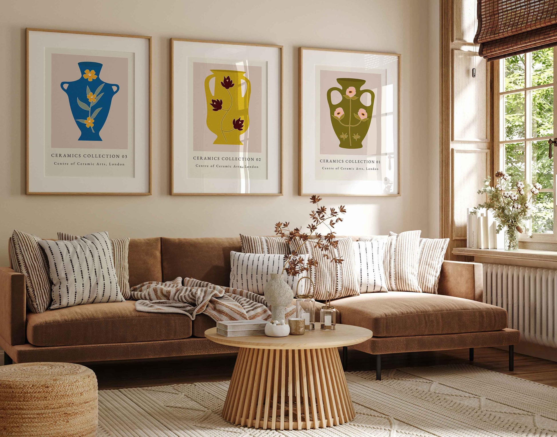 Vase wall art print set, in blue, yellow and green, set of 3 prints