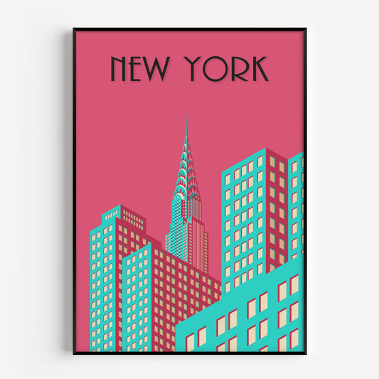 New York print in bright pink and blue
