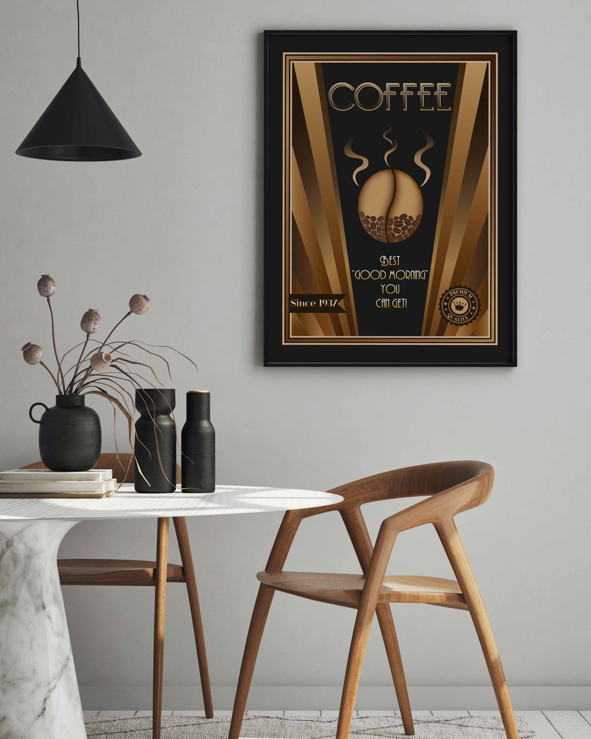 Coffee wall art print in an art deco style