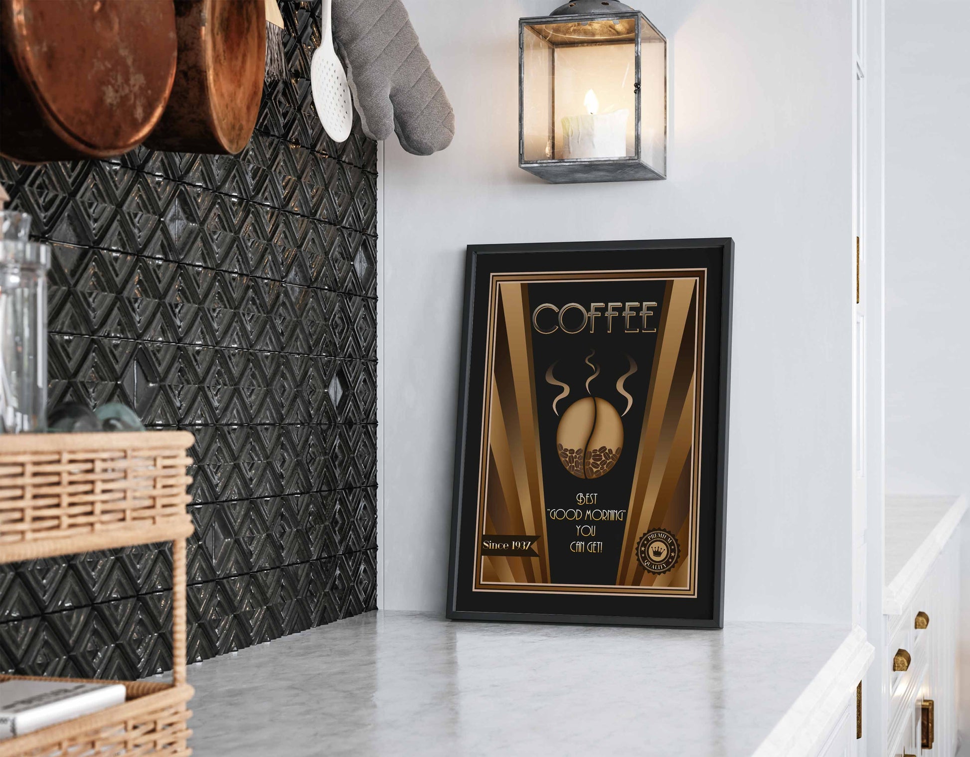 Kitchen print in an art deco style, with a coffee slogan and design