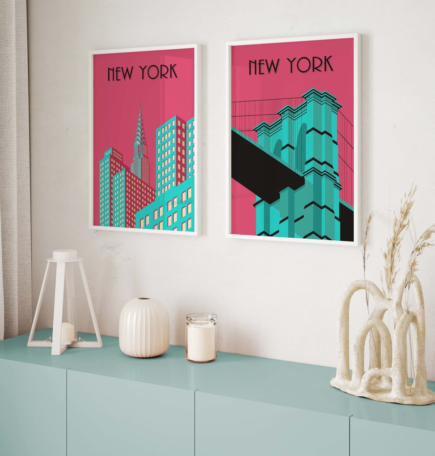 Set of 2 New York posters in pink and blue. Showing Brooklyn Bridge and the Chrysler Building