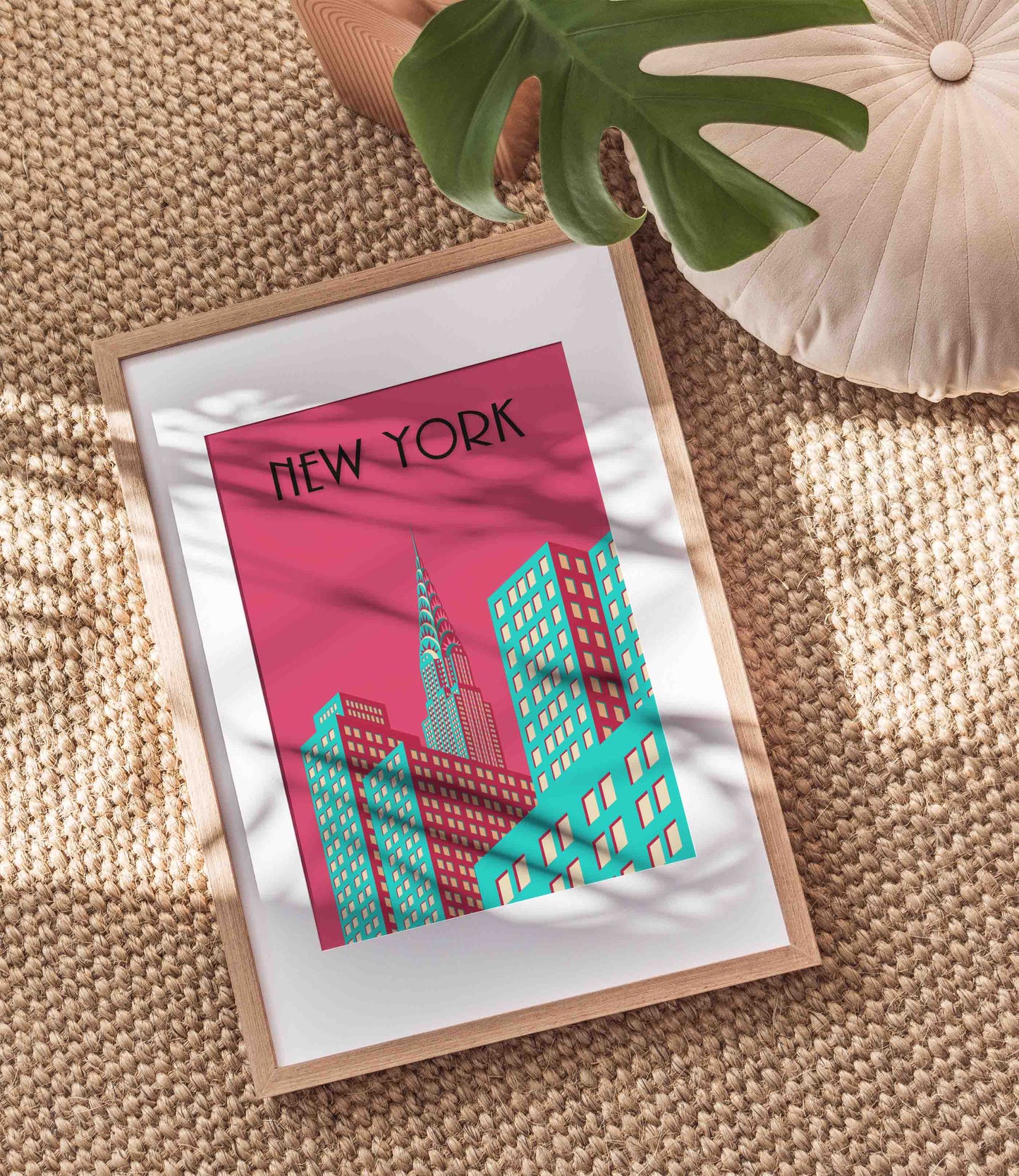 New York print in an art deco style in bold bright colours