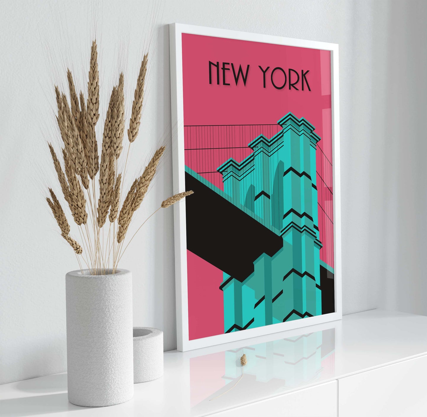 New York poster with the Brooklyn Bridge in a colourful pink and blue. With an art deco style