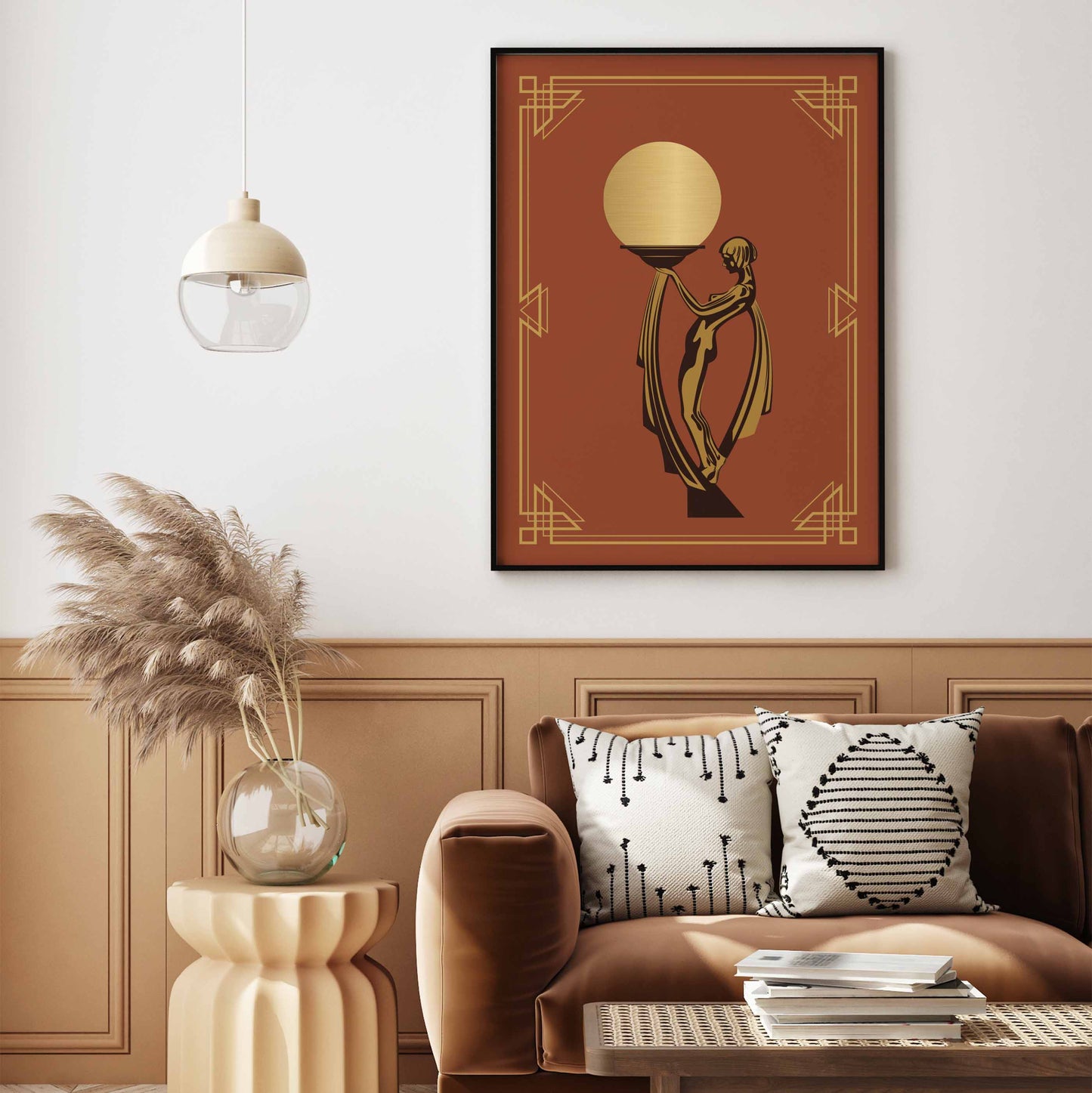 Art deco poster with a woman statue holding a golden globe