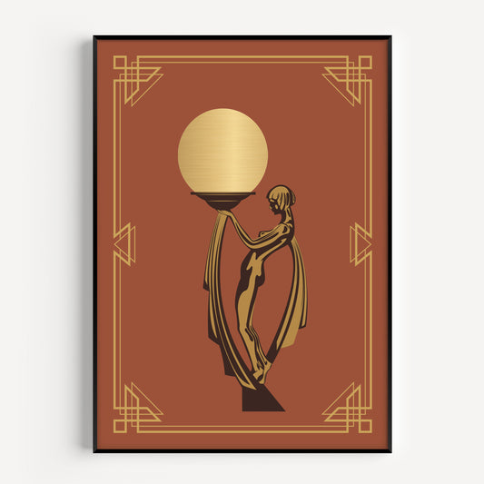 Art deco poster in gold and orange with a posed woman holding a golden globe