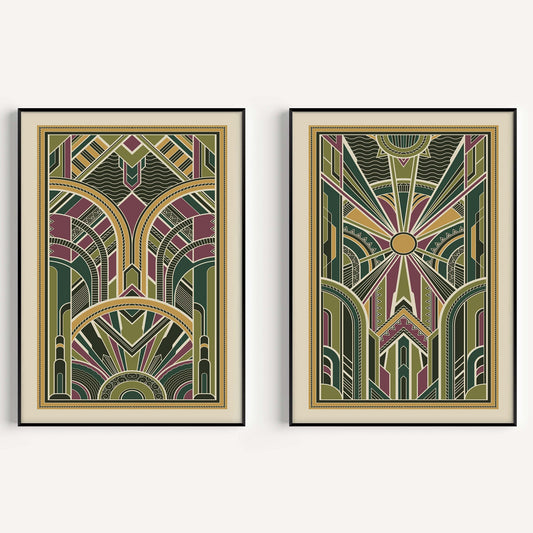 Set of 2 art deco prints in green and gold