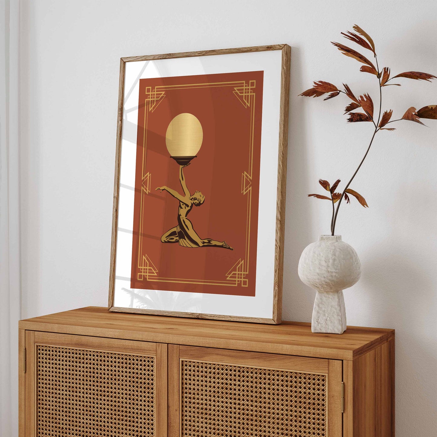 Wall art print in an art deco style in orange and gold
