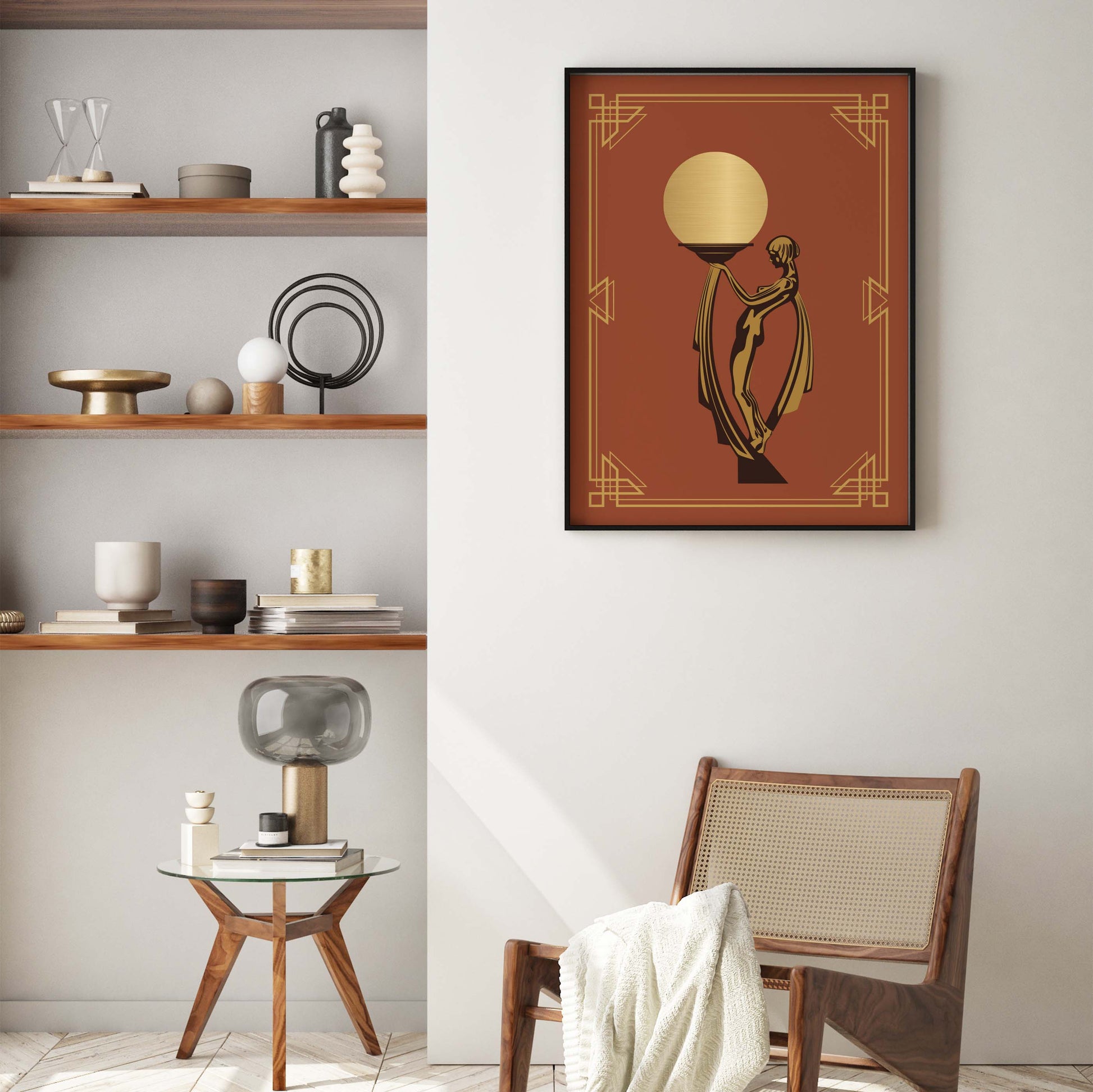 Art deco woman print in gold and orange