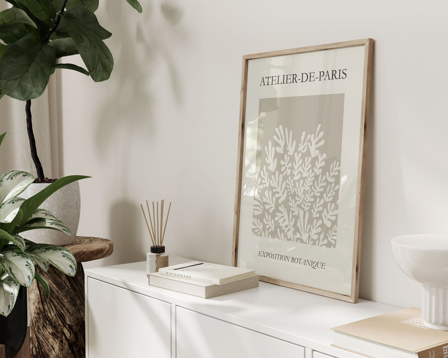 Neutral wall art print in beige, with leaves design. Poster inspired by Henri Matisse. With text Atelier De Paris, Exposition Botanique
