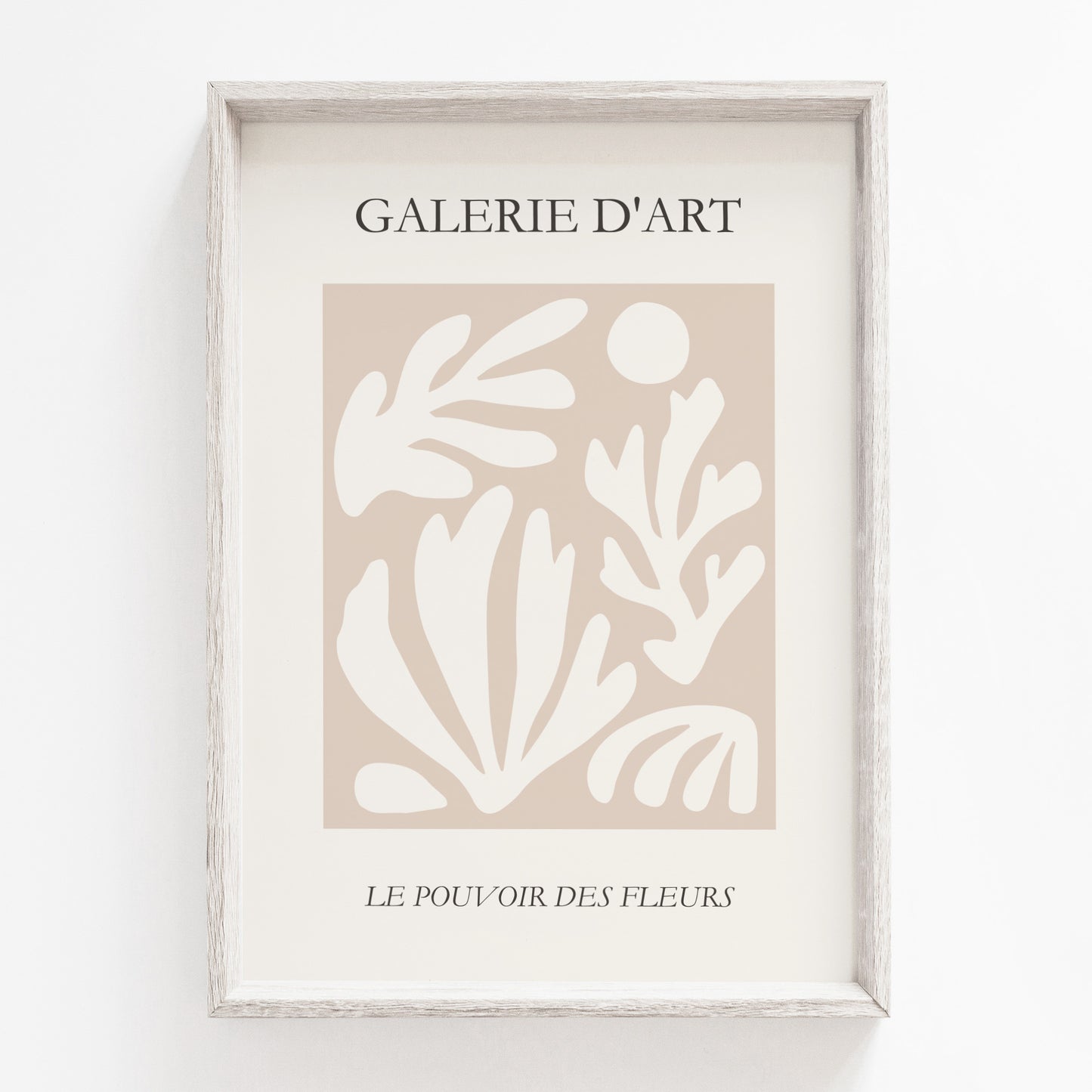 Neutral print in beige tones, inspired by Henri Matisse, with text Galerie D'Art, Le Pouvoir Des Fleurs