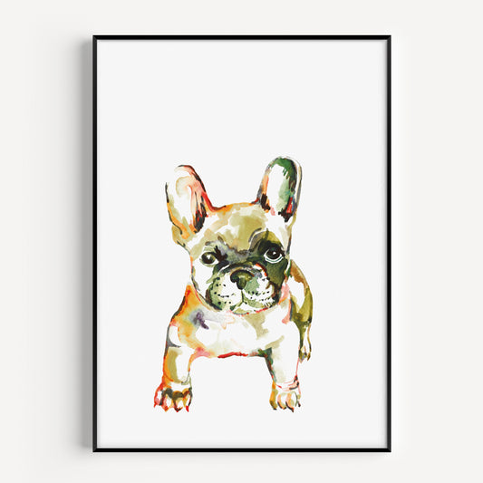 French bulldog print in a watercolour style, in green shades