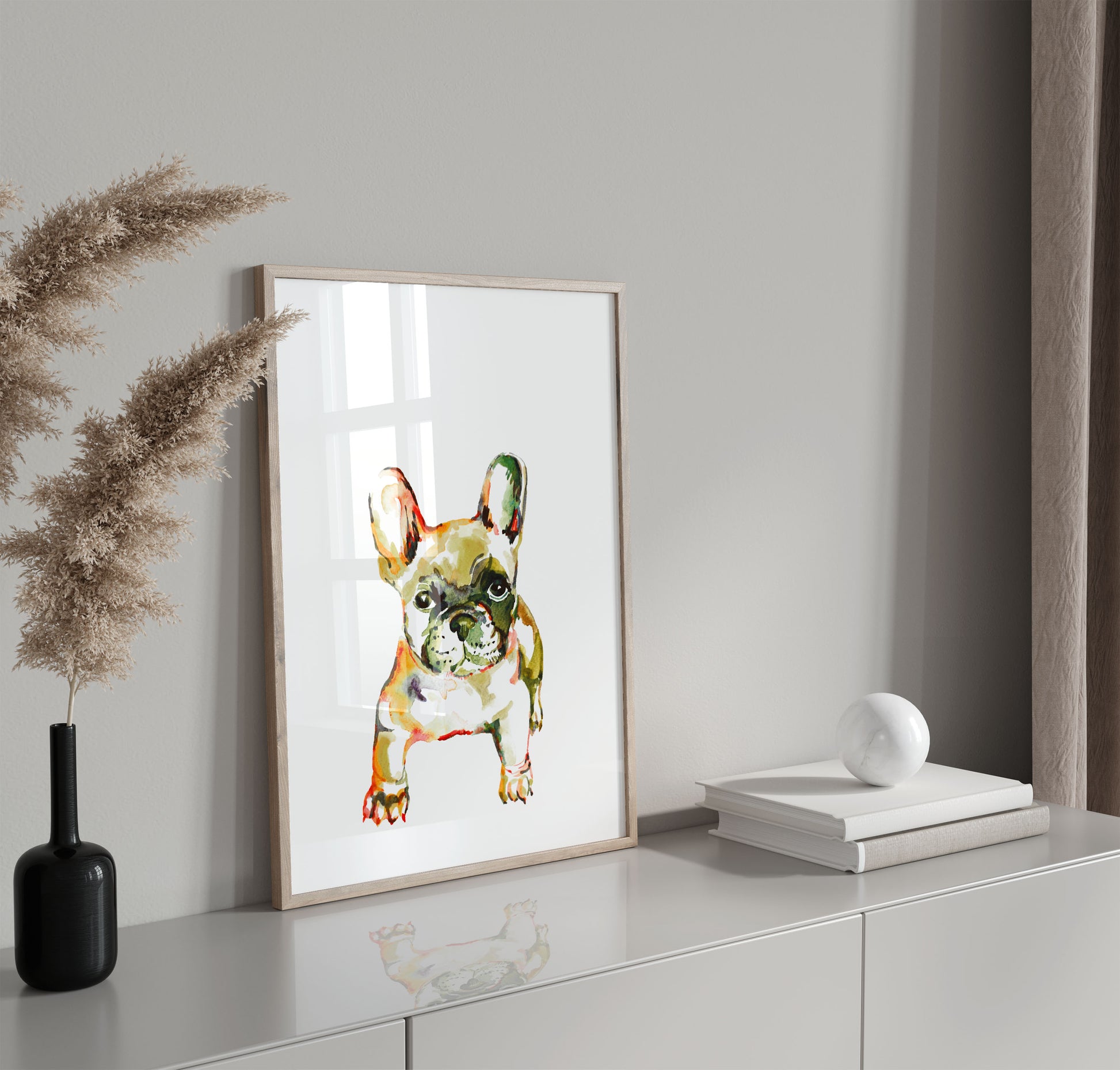 Frenchie print in a minimalist watercolour style