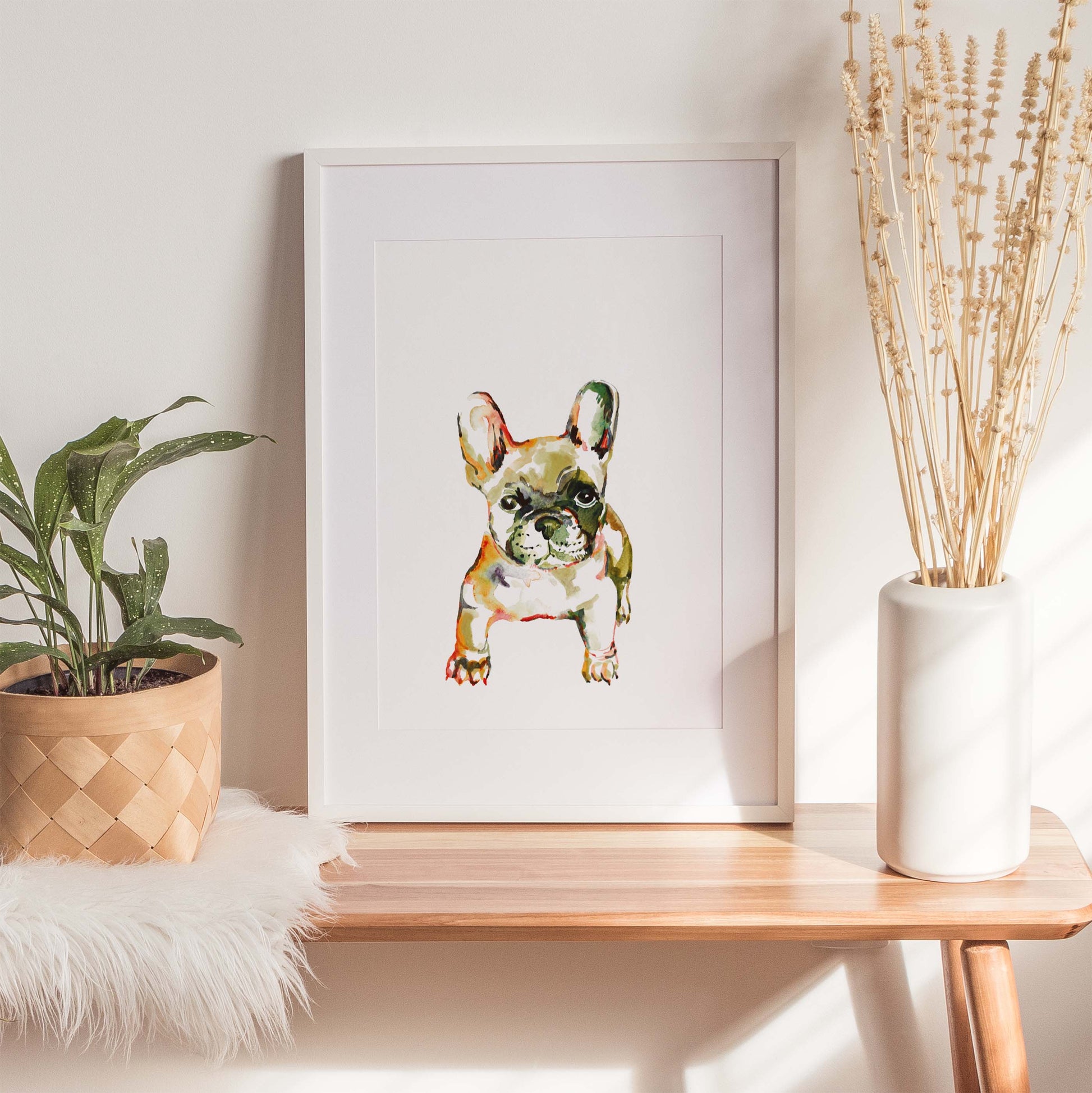 Frenchie poster in green colours in a watercolour style