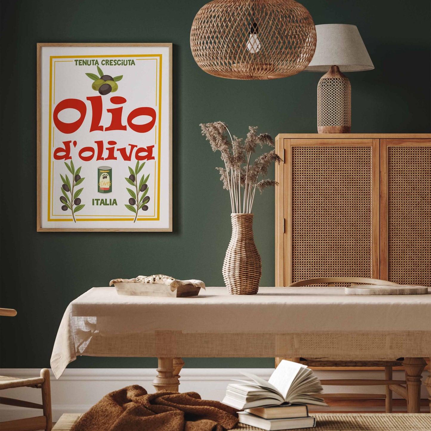 Olive oil Italian kitchen print, with bold typography and cute olive oil details