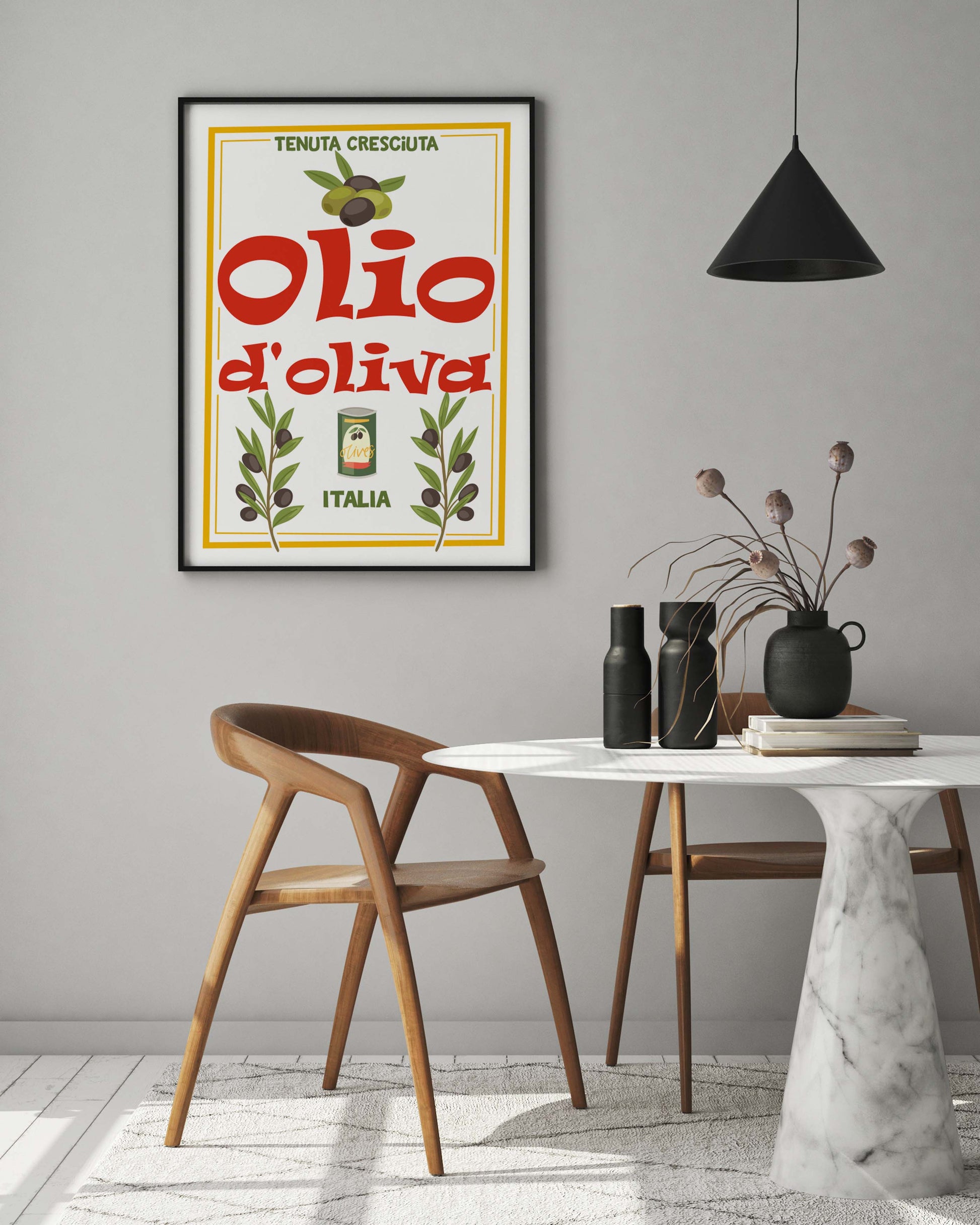 Kitchen wall art print, with olive oil details in green, red, yellow and white