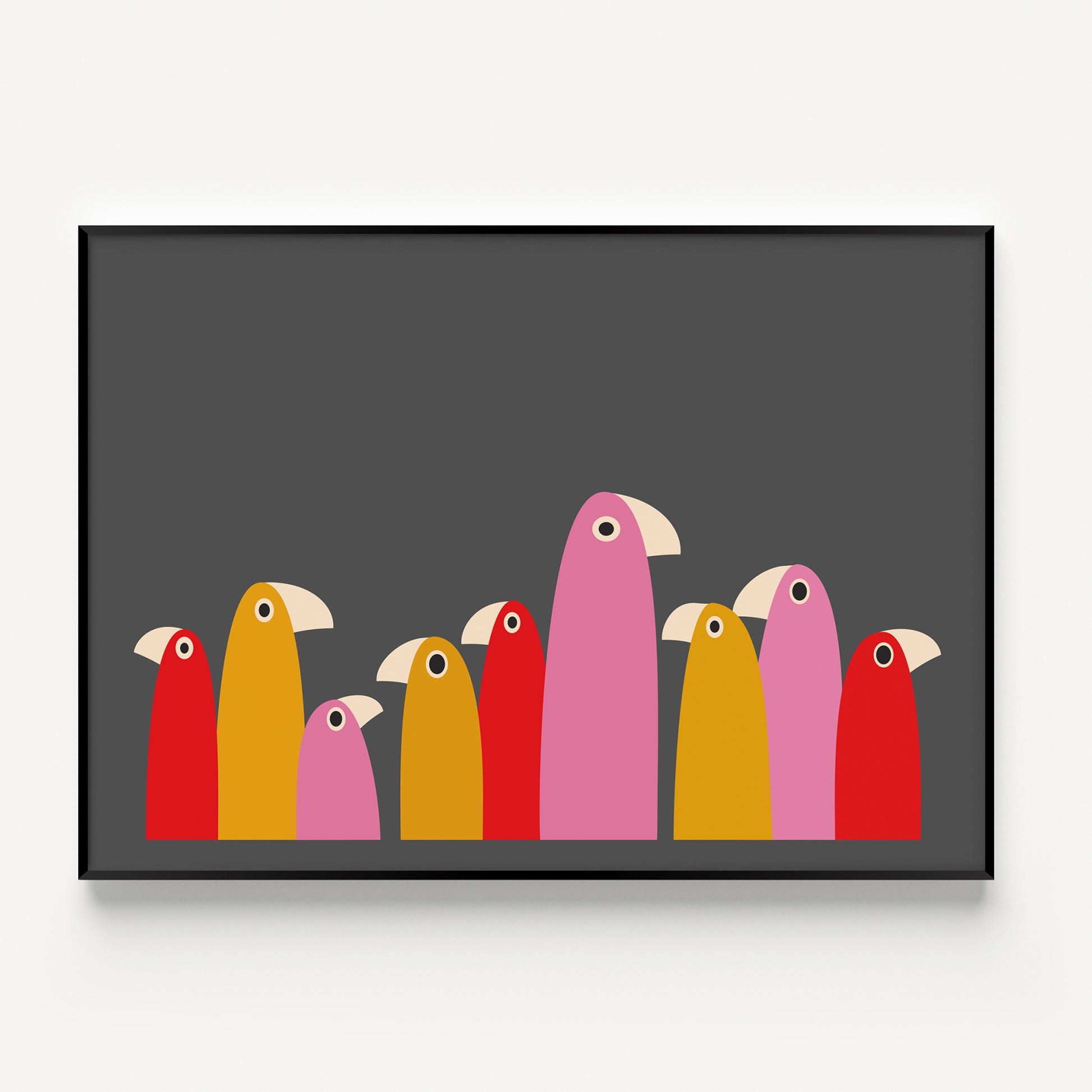 Bird print in a minimalist style in pink, red, orange and grey