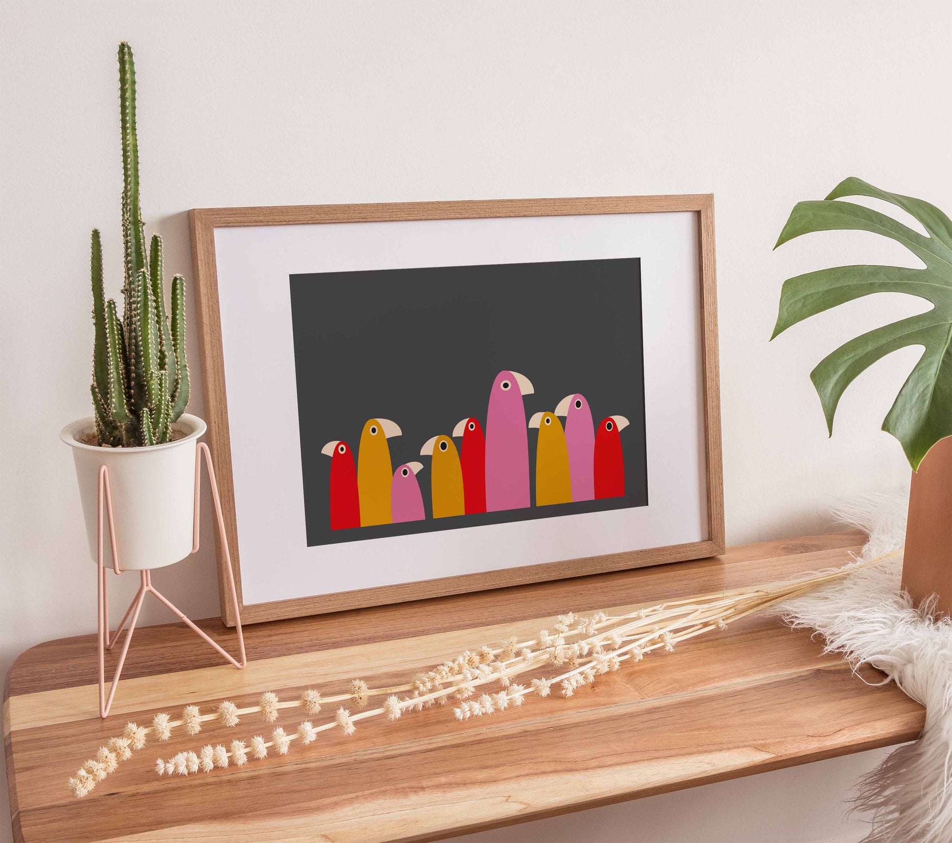 Flock of birds print in a minimalist style, in a colourful modern style