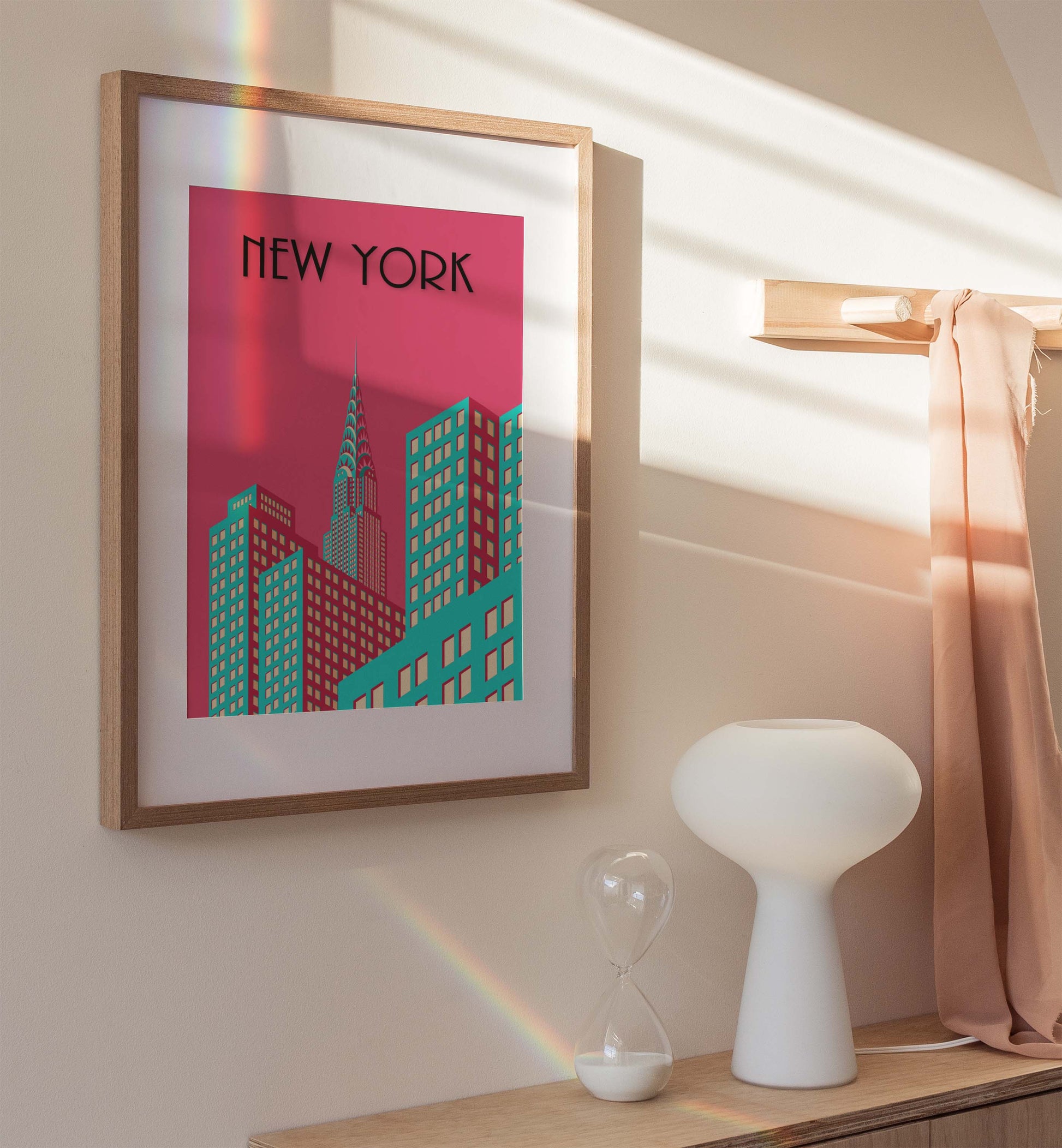 Pink New York poster in an art deco style