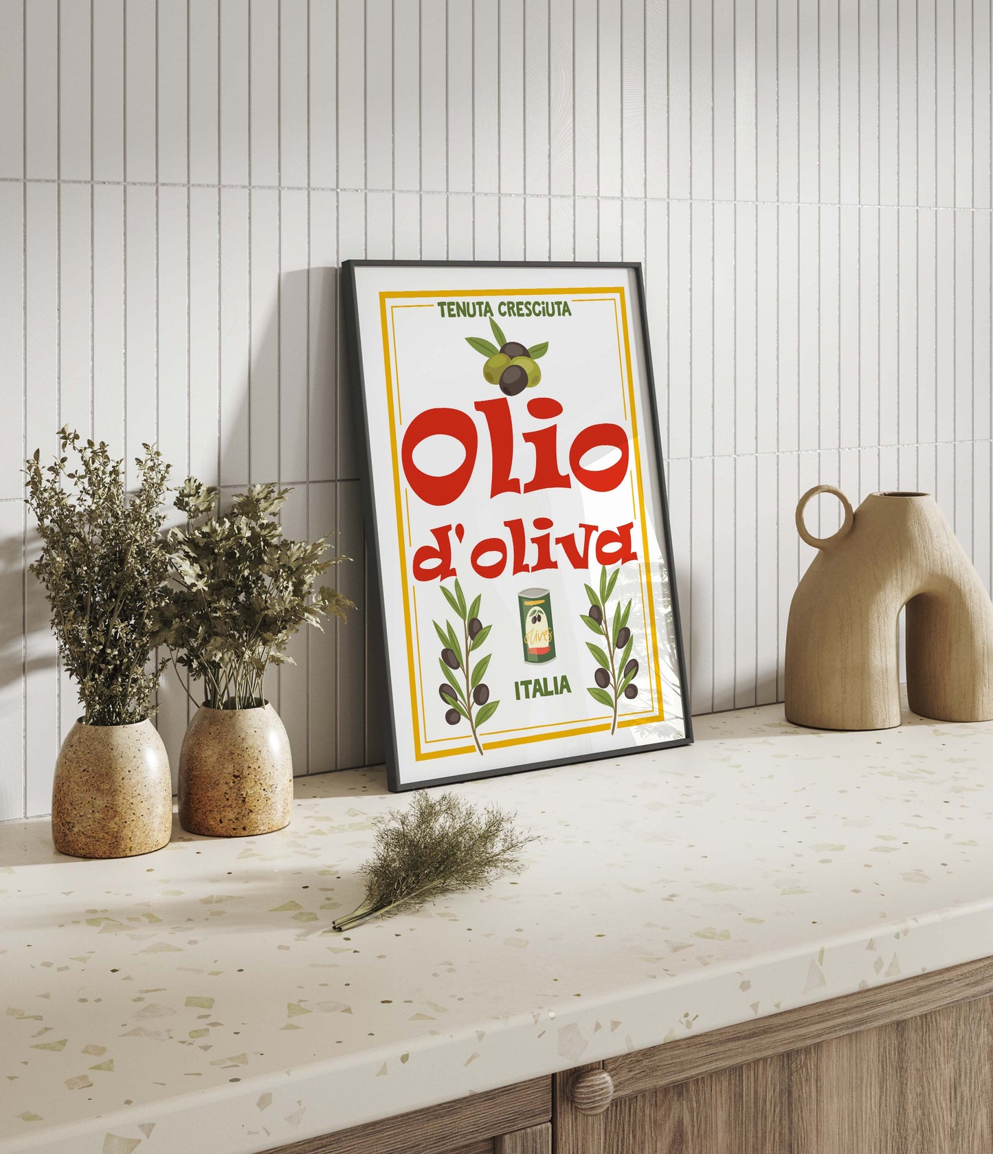 Italian kitchen poster with bold Olio d'oliva typography