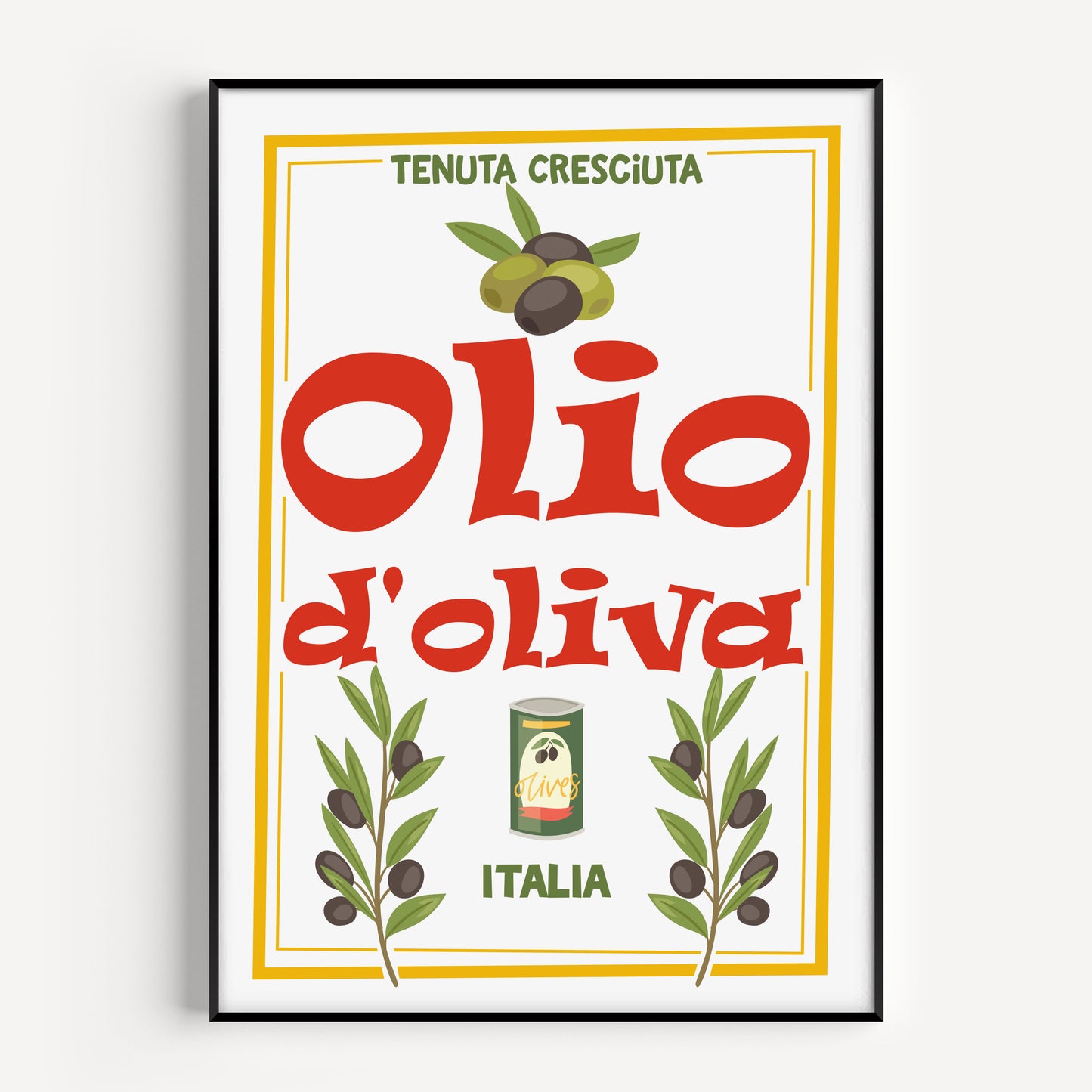 Olive oil kitchen print in green, red, yellow and white