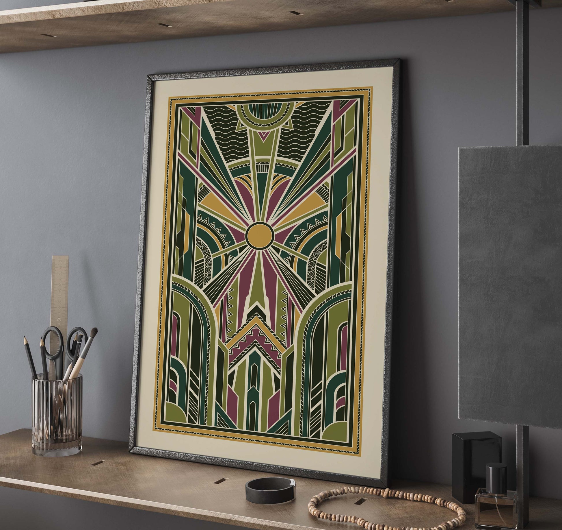 Art deco wall art print with geometric pattern in green and gold