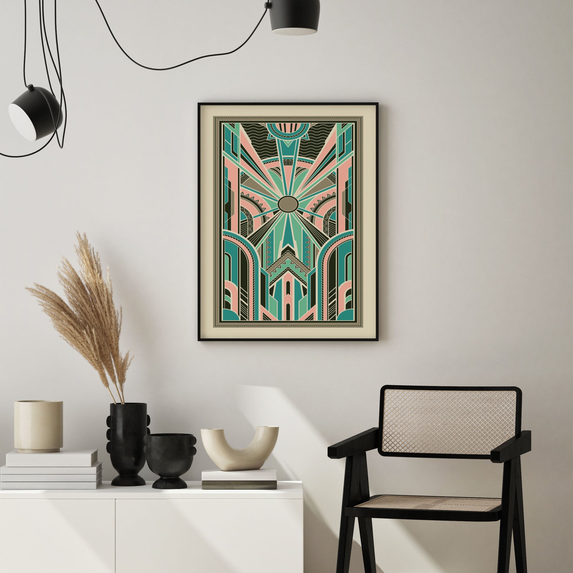 Art deco print with a geometric pattern in pink and teal