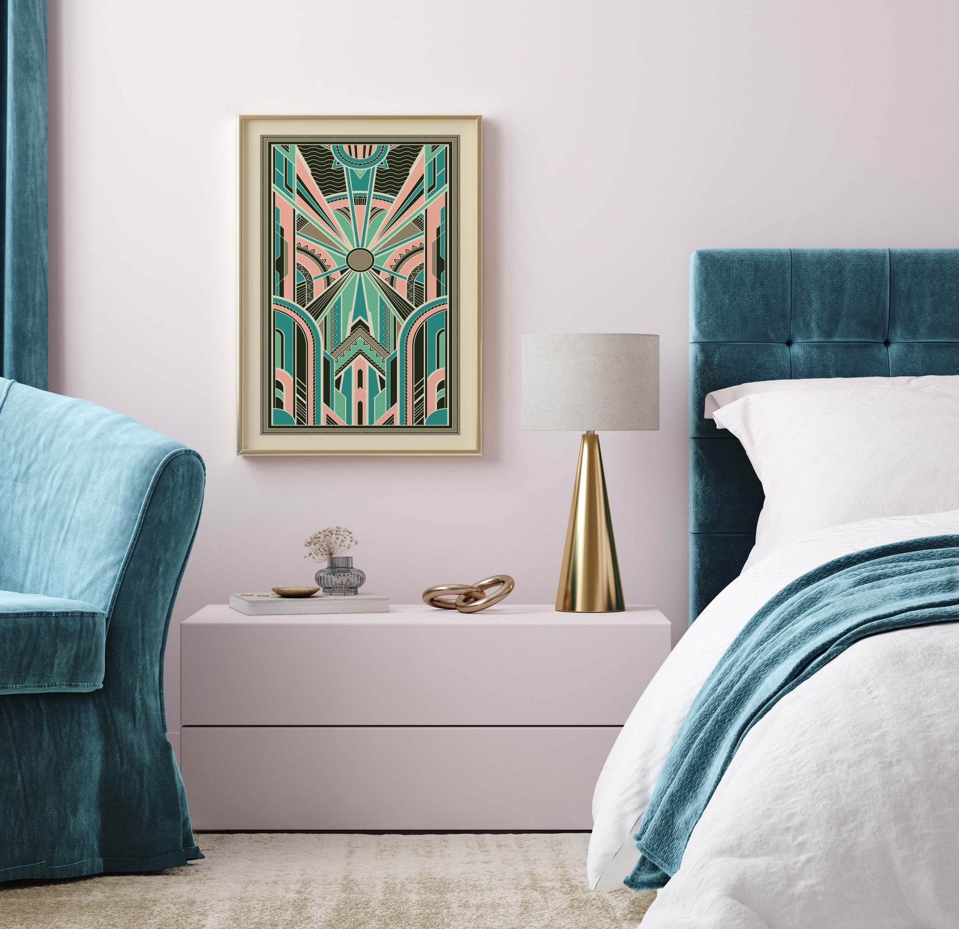 Art deco wall art print in pink and teal